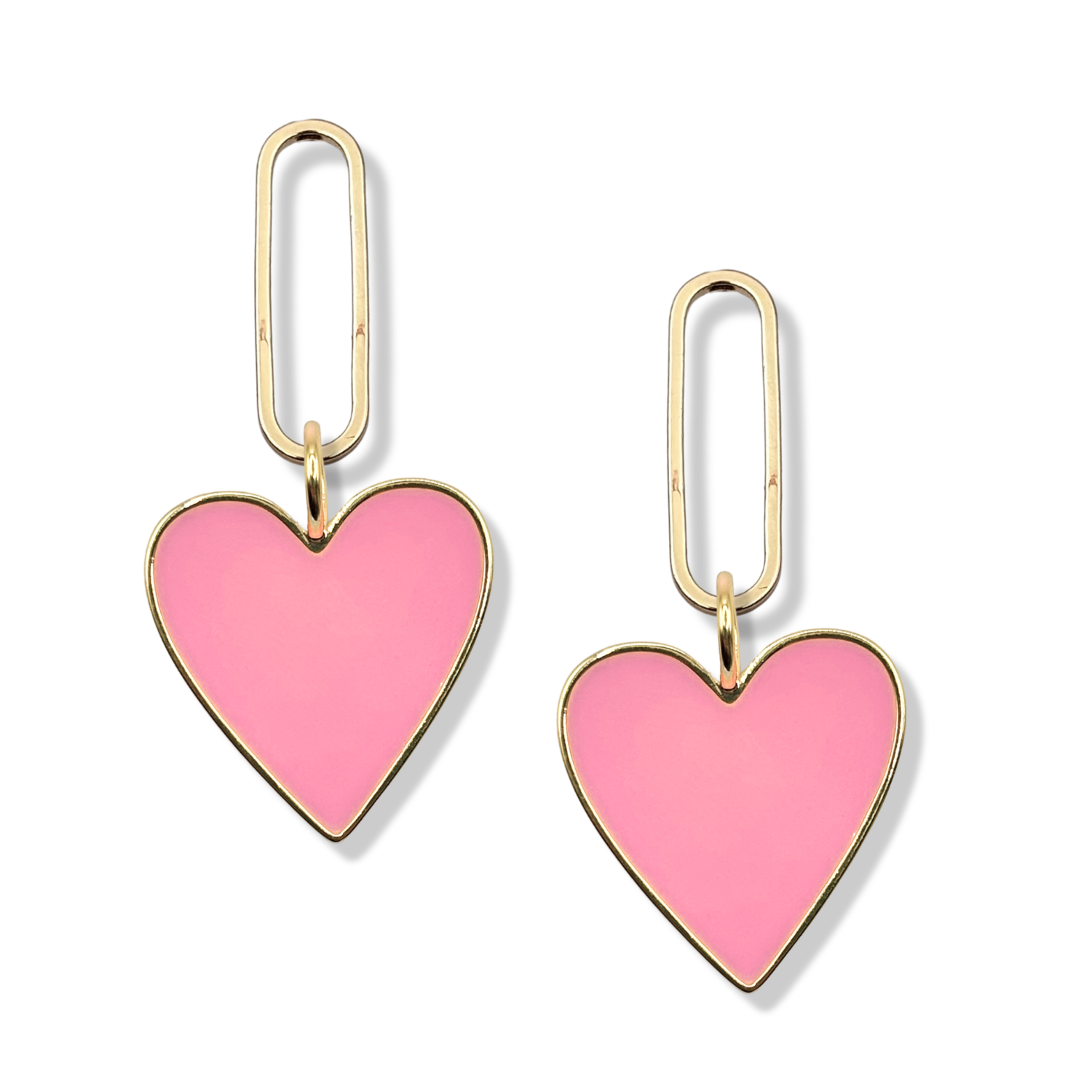 Light pink enamel heart dangle earrings with gold paperclip oval link topper by HOLST+LEE