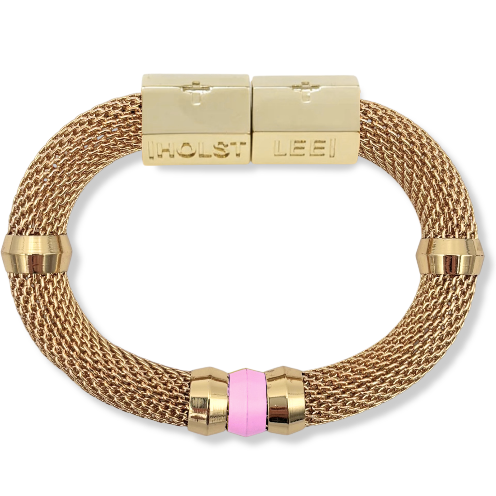 Gold woven mesh bracelet with light pink ferrule accent and 18K gold-filled magnetic clasped bracelet by HOLST+LEE