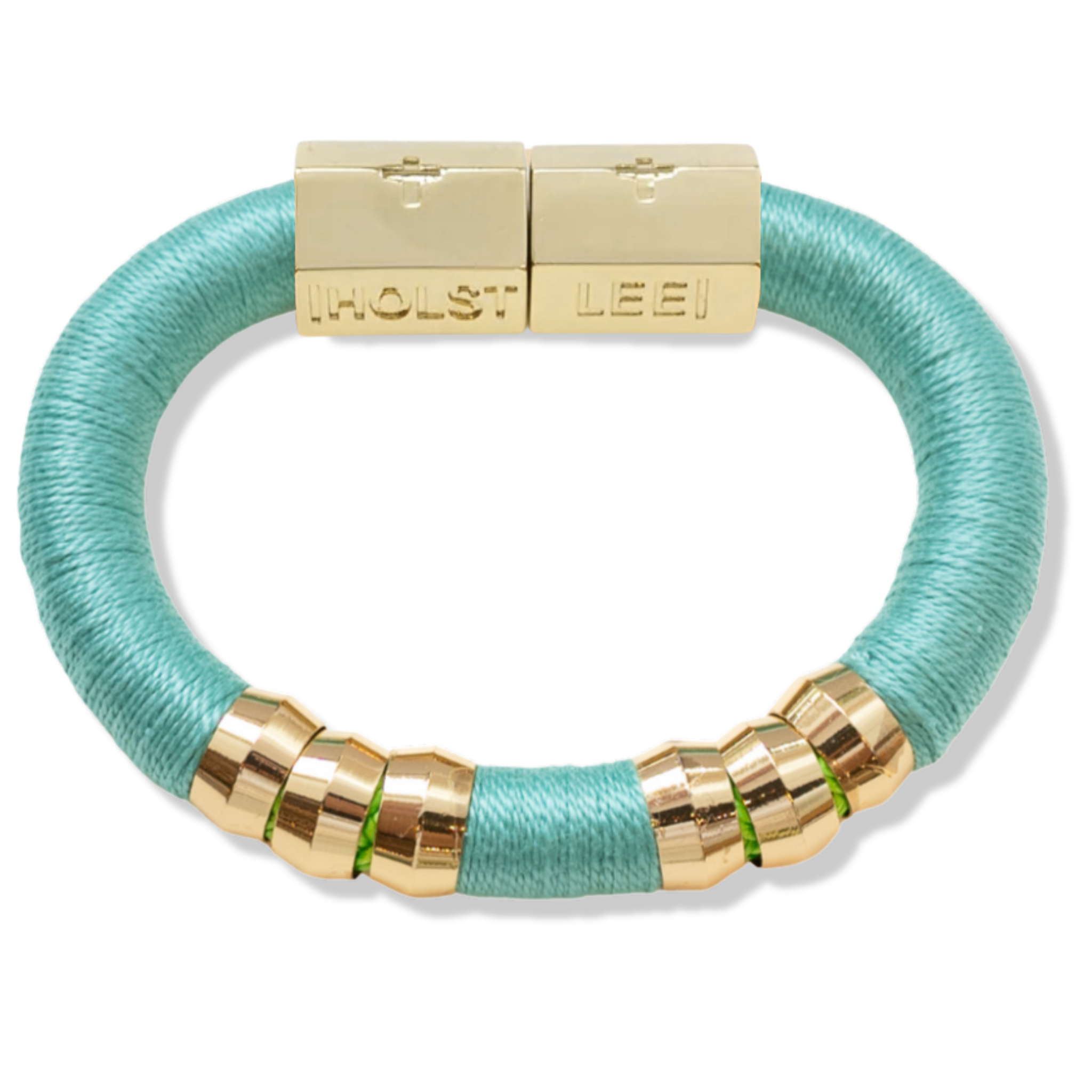 Light turquoise blue thread wrapped bracelet with 18K gold-filled magnetic clasped bracelet and gold ferrule accents by HOLST+LEE