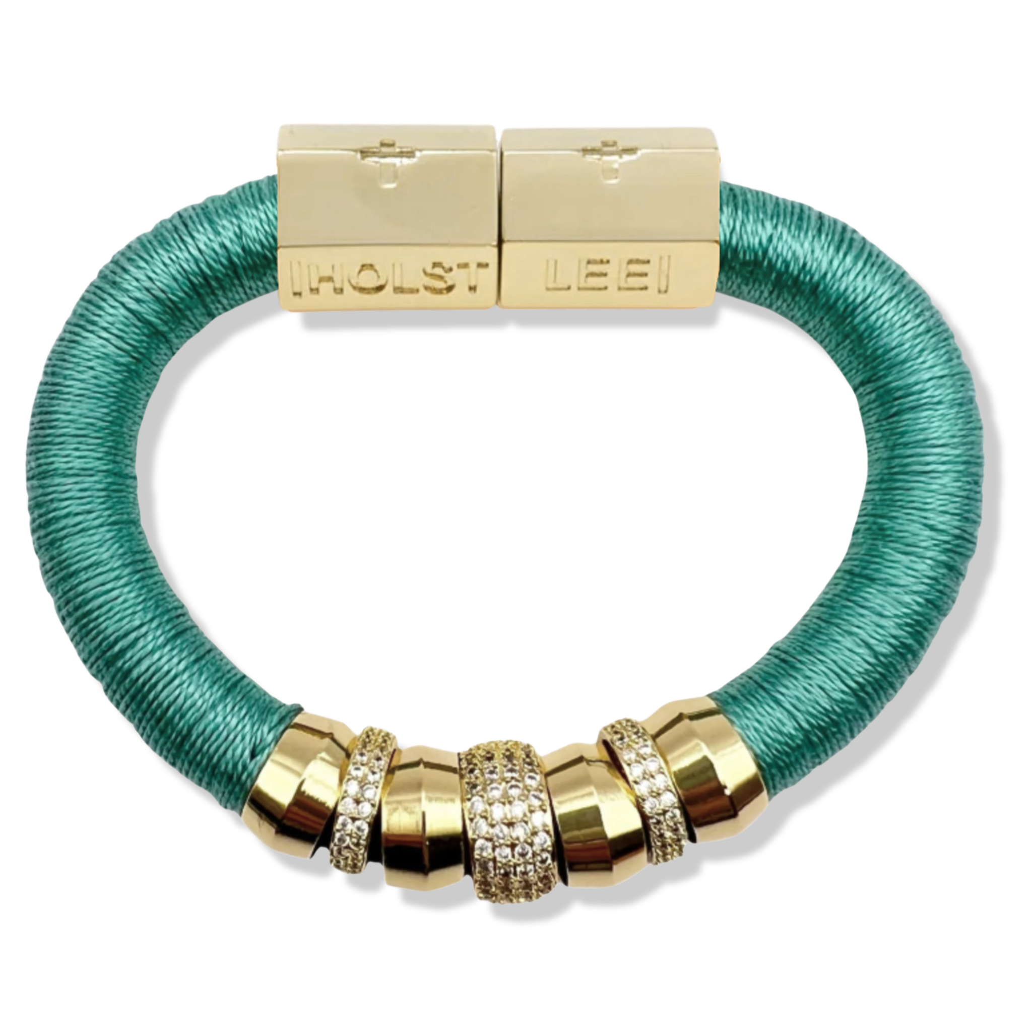 Light turquoise blue thread wrapped bracelet with 18K gold-filled magnetic clasped bracelet and pavé crystal ferrule stack by HOLST+LEE