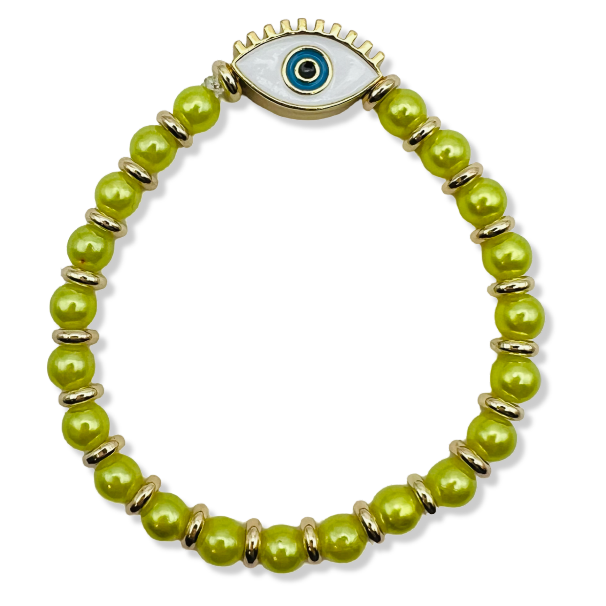 Lime pearl and gold rondelle stretch bracelet with white enamel evil eye centerpiece by HOLST+LEE