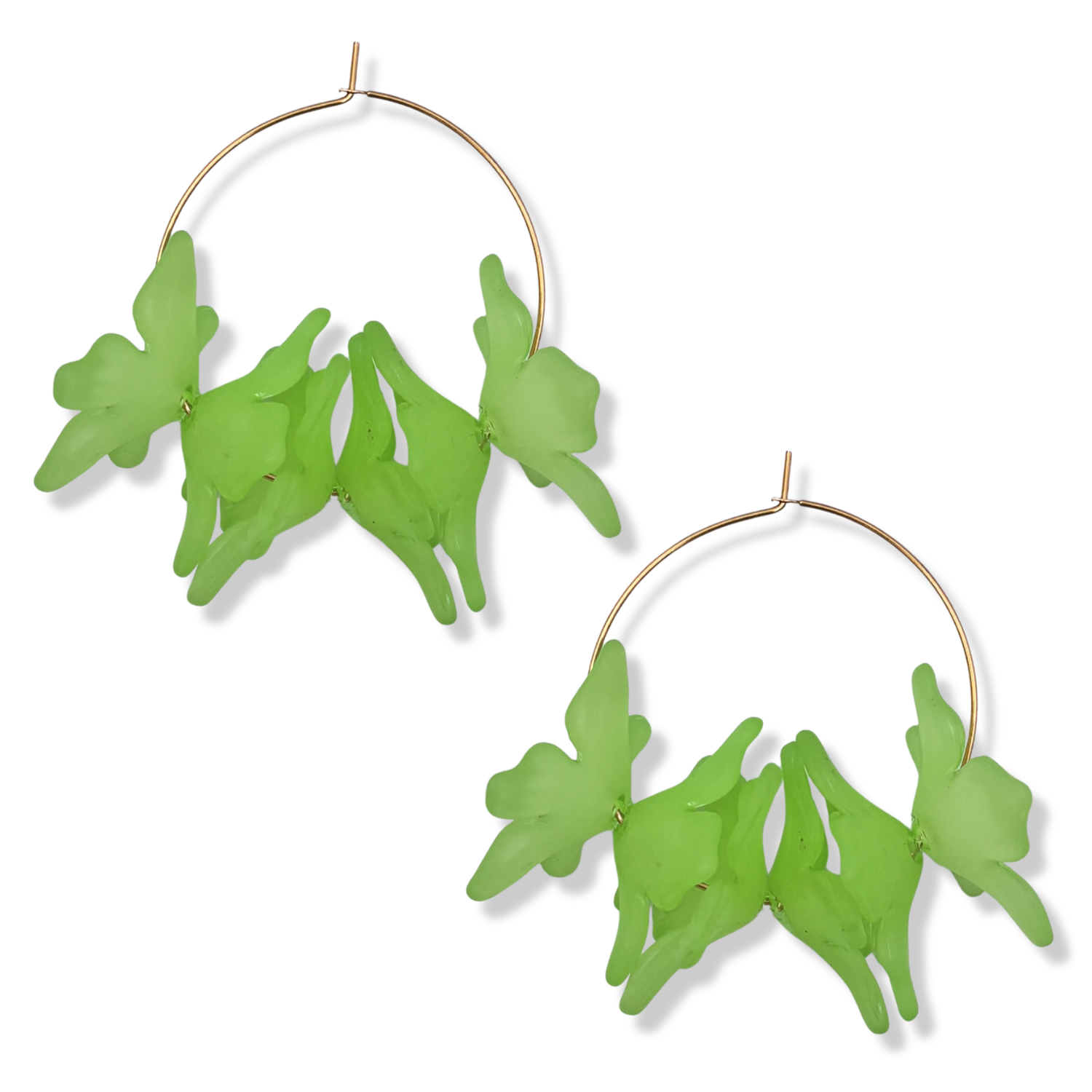 Green resin floral cluster hoop earrings with translucent green orchid-style blooms on a thin gold hoop by HOLST+LEE