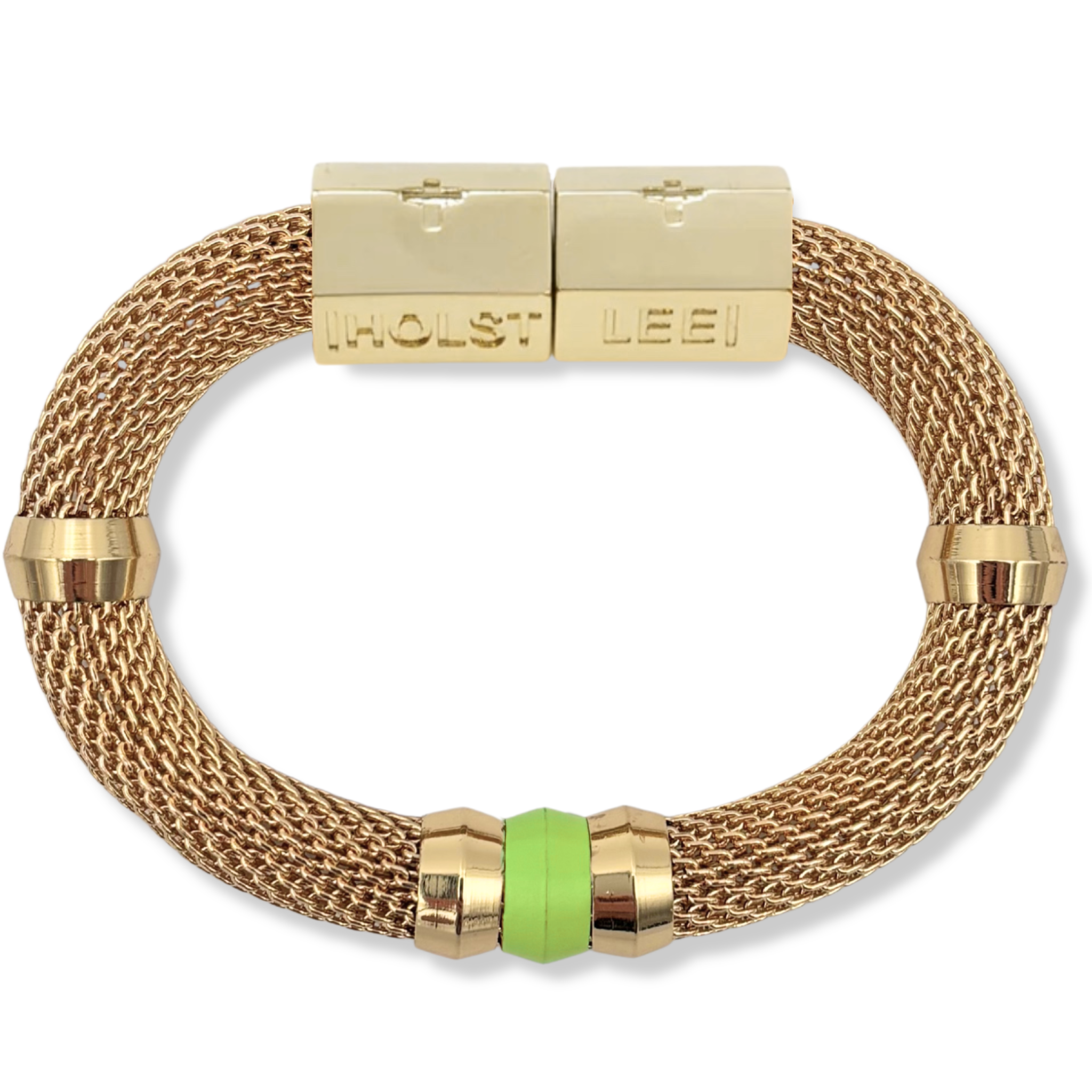 Gold woven mesh bracelet with lime green ferrule accent and 18K gold-filled magnetic clasped bracelet by HOLST+LEE