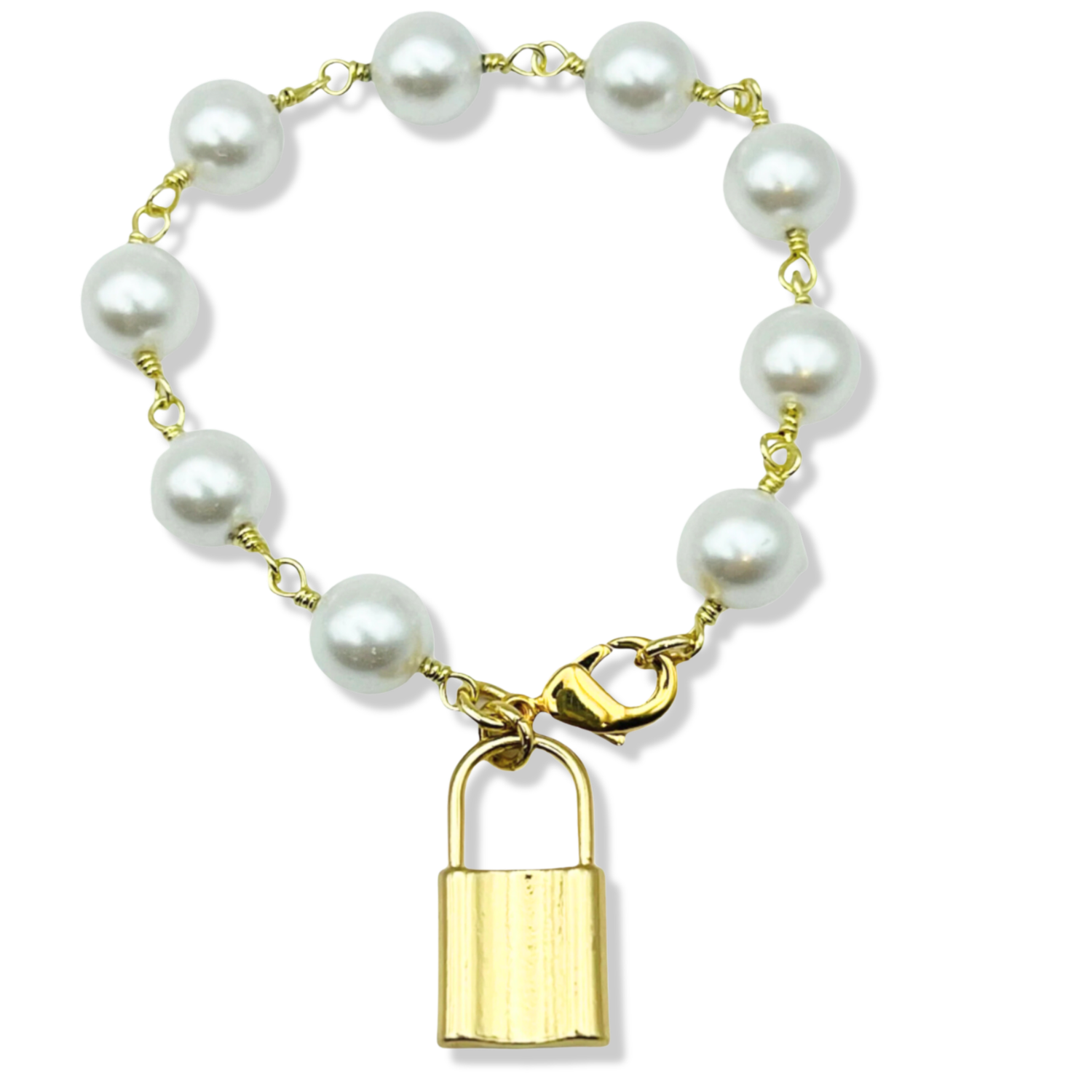 White faux pearl bracelet with a gold lock charm by HOLST+LEE