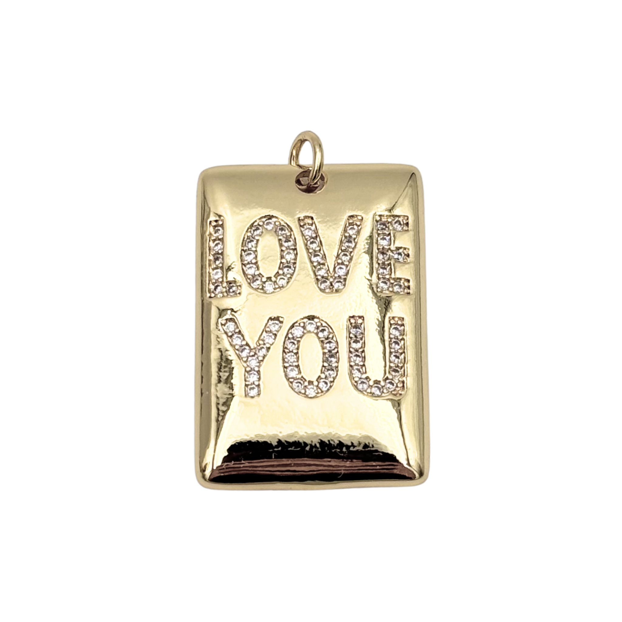 Gold pendant with 'LOVE YOU' text and pavé rhinestones by HOLST+LEE