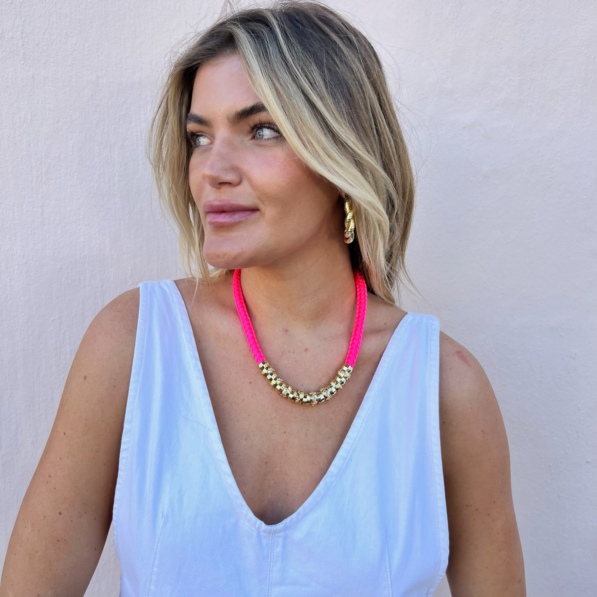 Luxe Skinny Classic Necklace Pink Signature Magnetic Clasp on Model