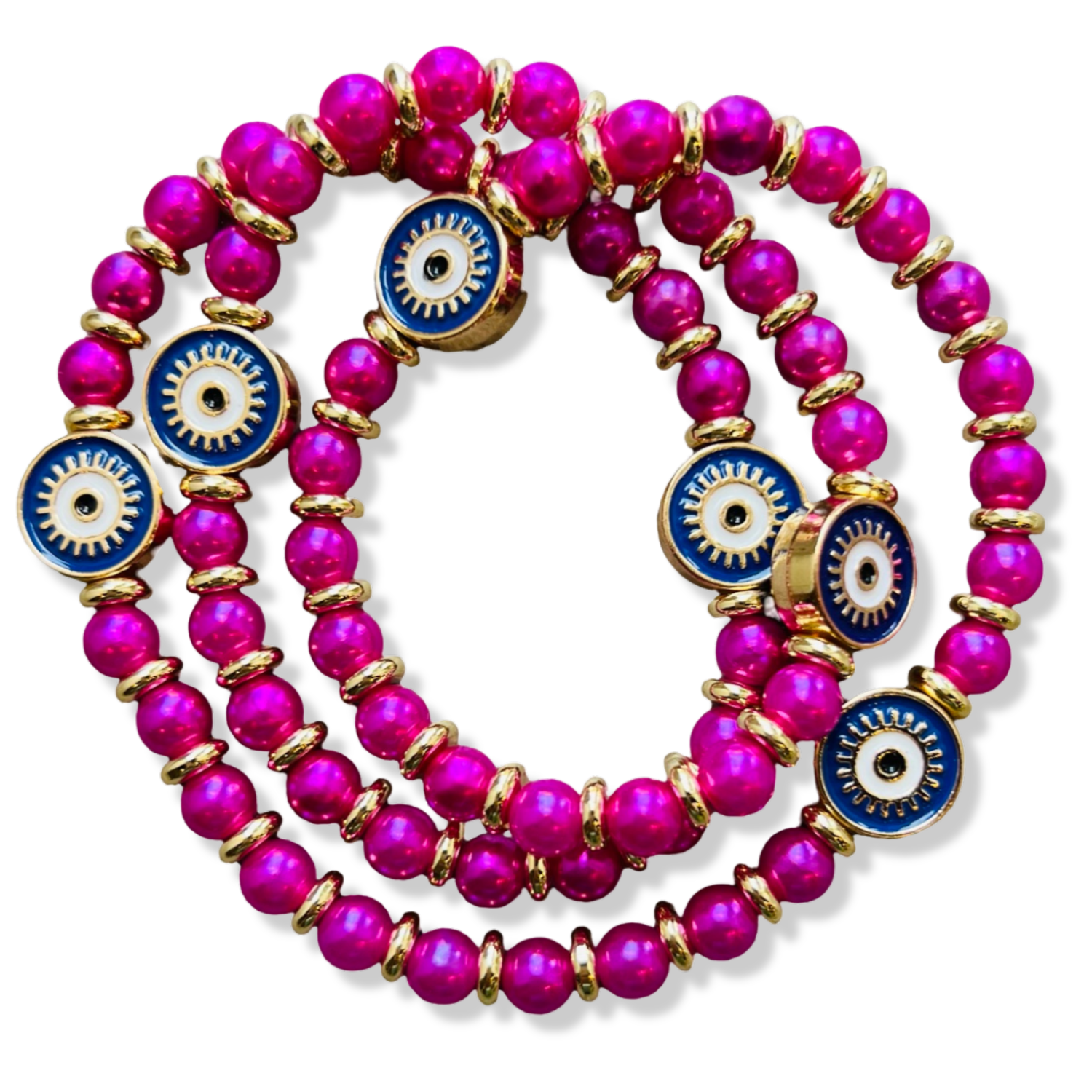 Wrap pink pearl and gold rondelle stretch bracelet with blue enamel evil eye charms by HOLST+LEE