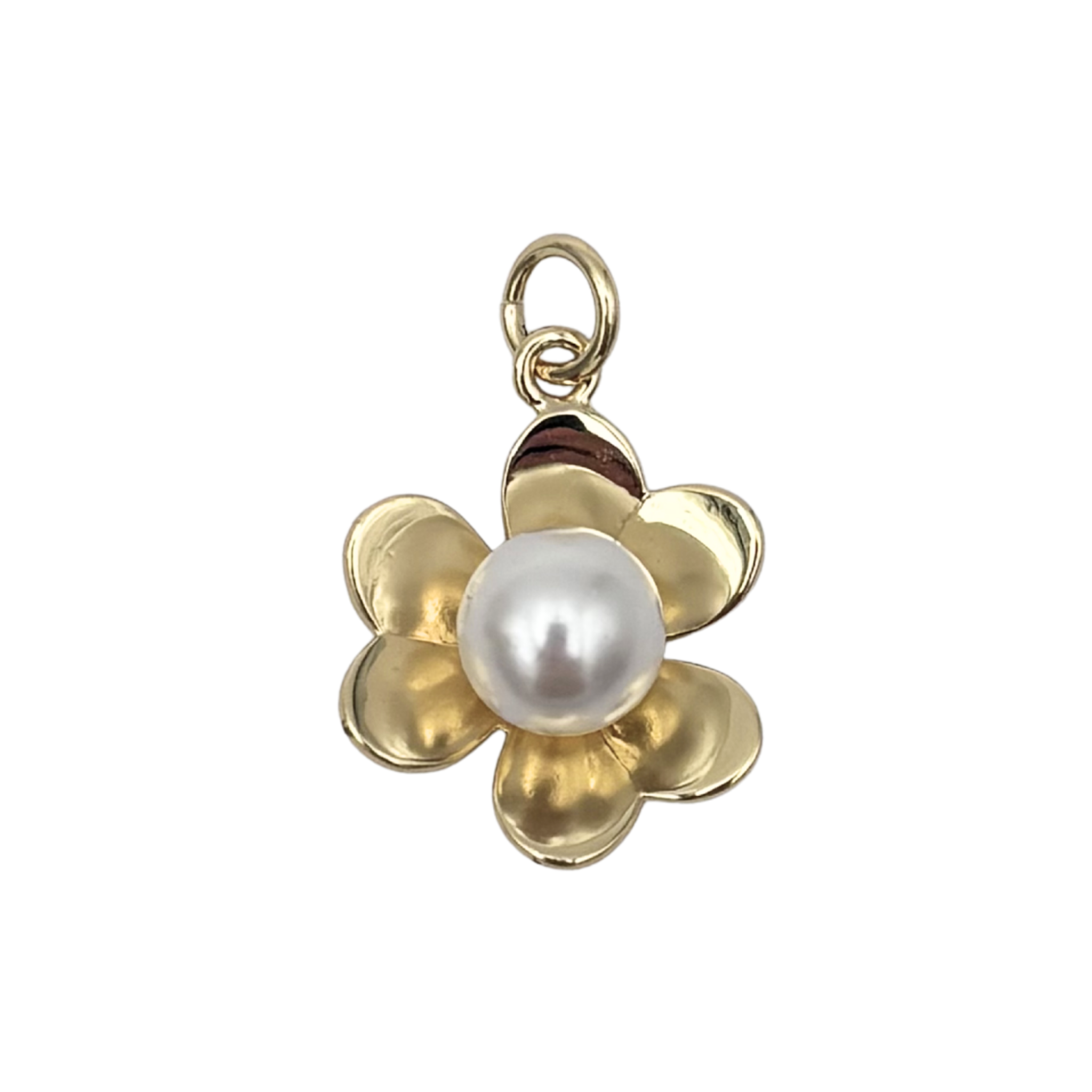 Gold flower charm with large center pearl and polished petal detail by HOLST+LEE