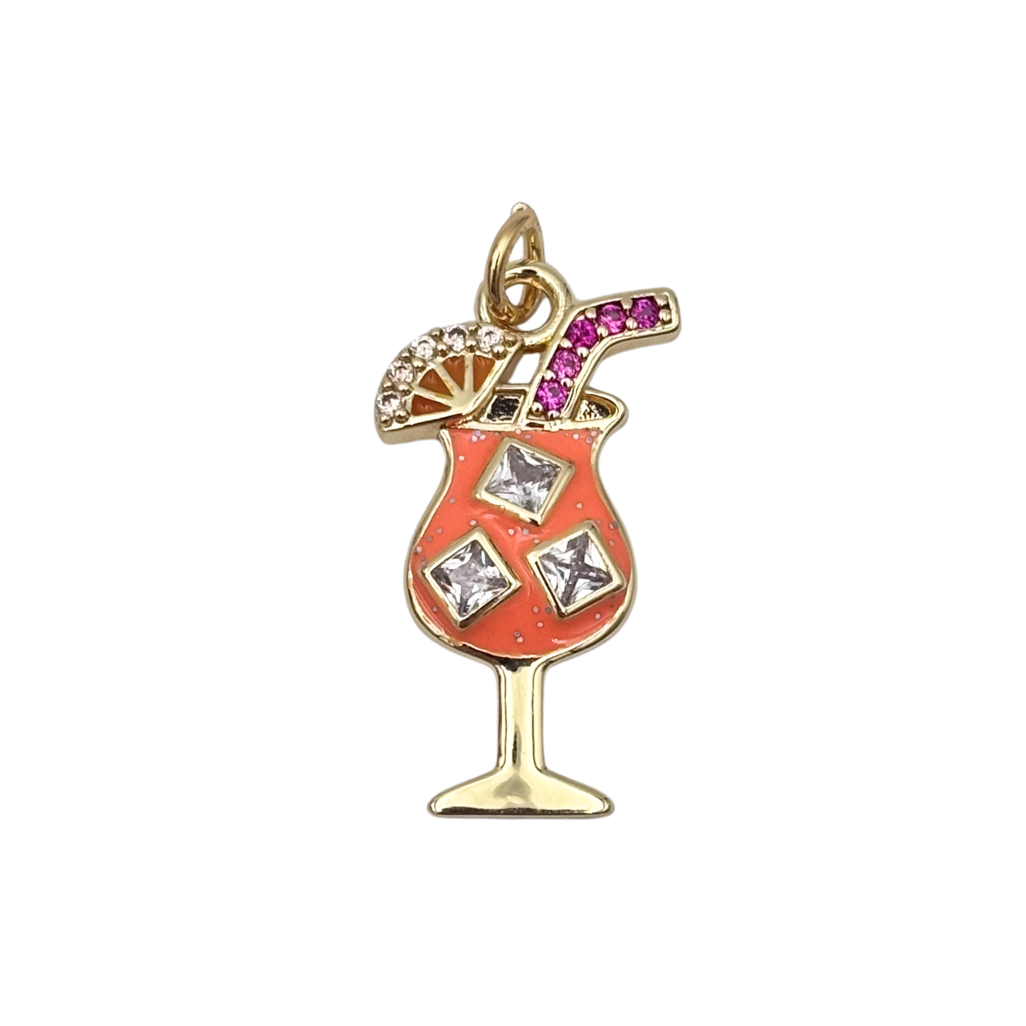 Gold cocktail glass charm with orange enamel body, princess-cut crystal ice cubes, pink pavé crystal and citrus slice garnish by HOLST+LEE