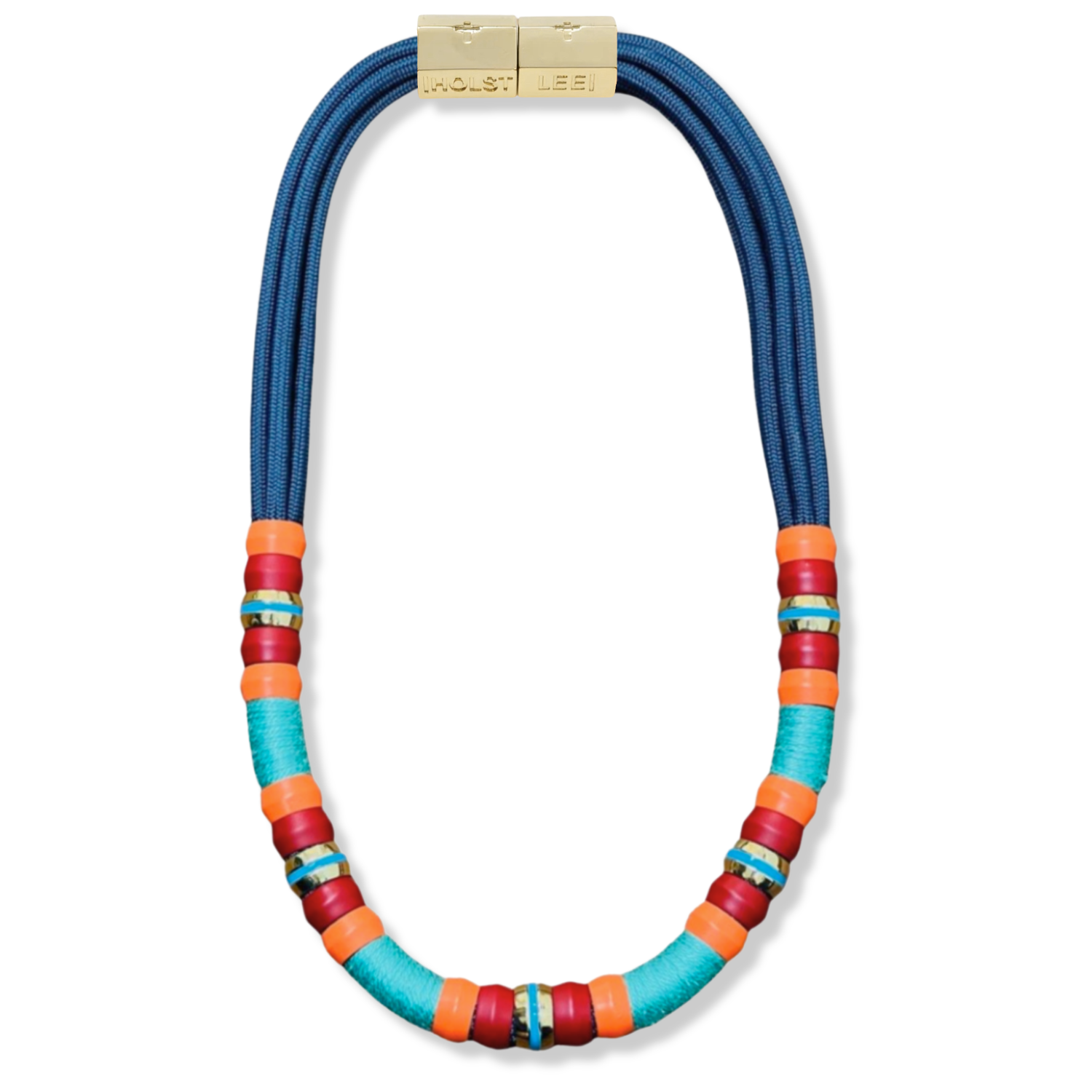 Blue paracord necklace with gold and enamel ferrule accents and gold magnetic clasped necklace by HOLST+LEE
