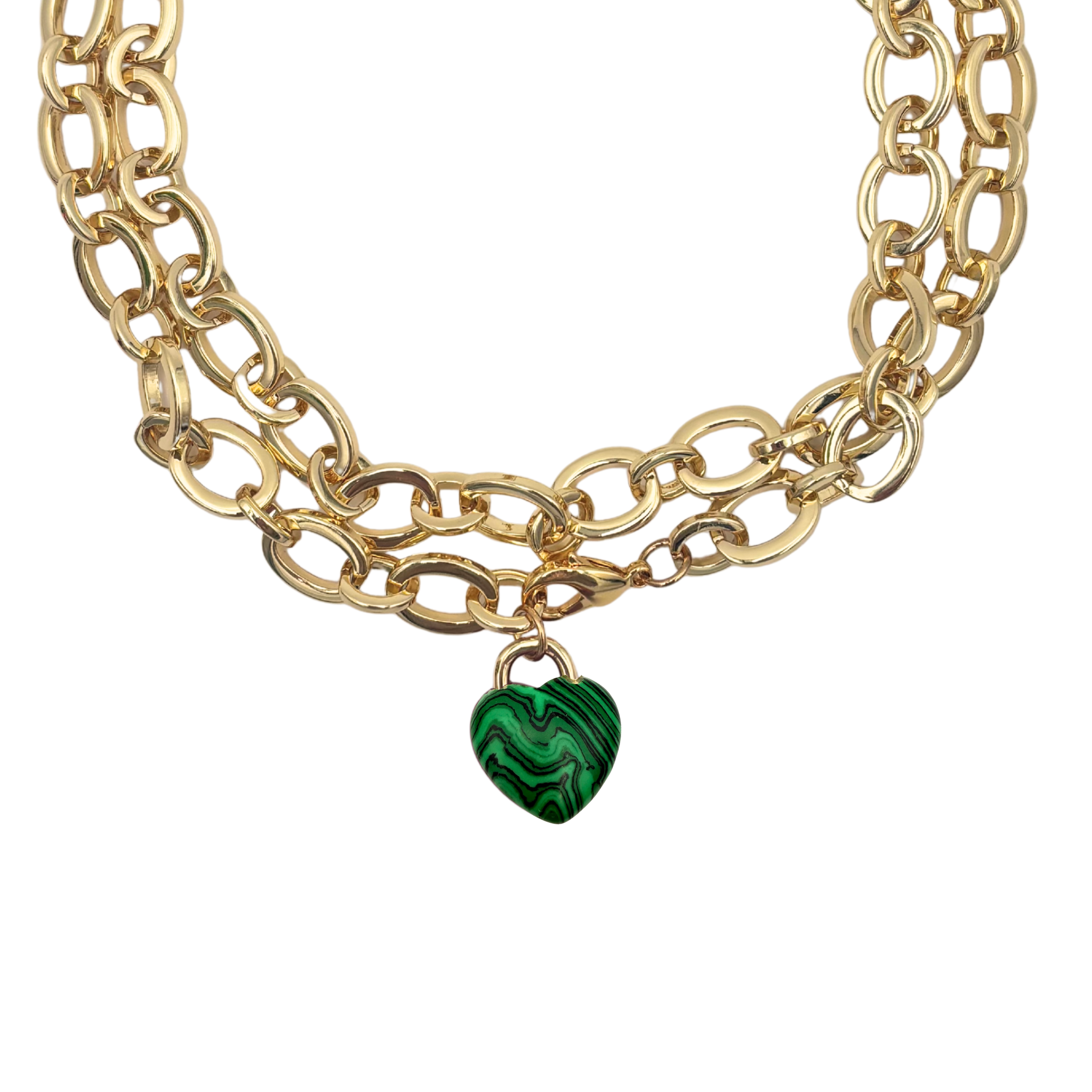 Chunky gold oval chain link necklace with malachite heart pendant by HOLST+LEE