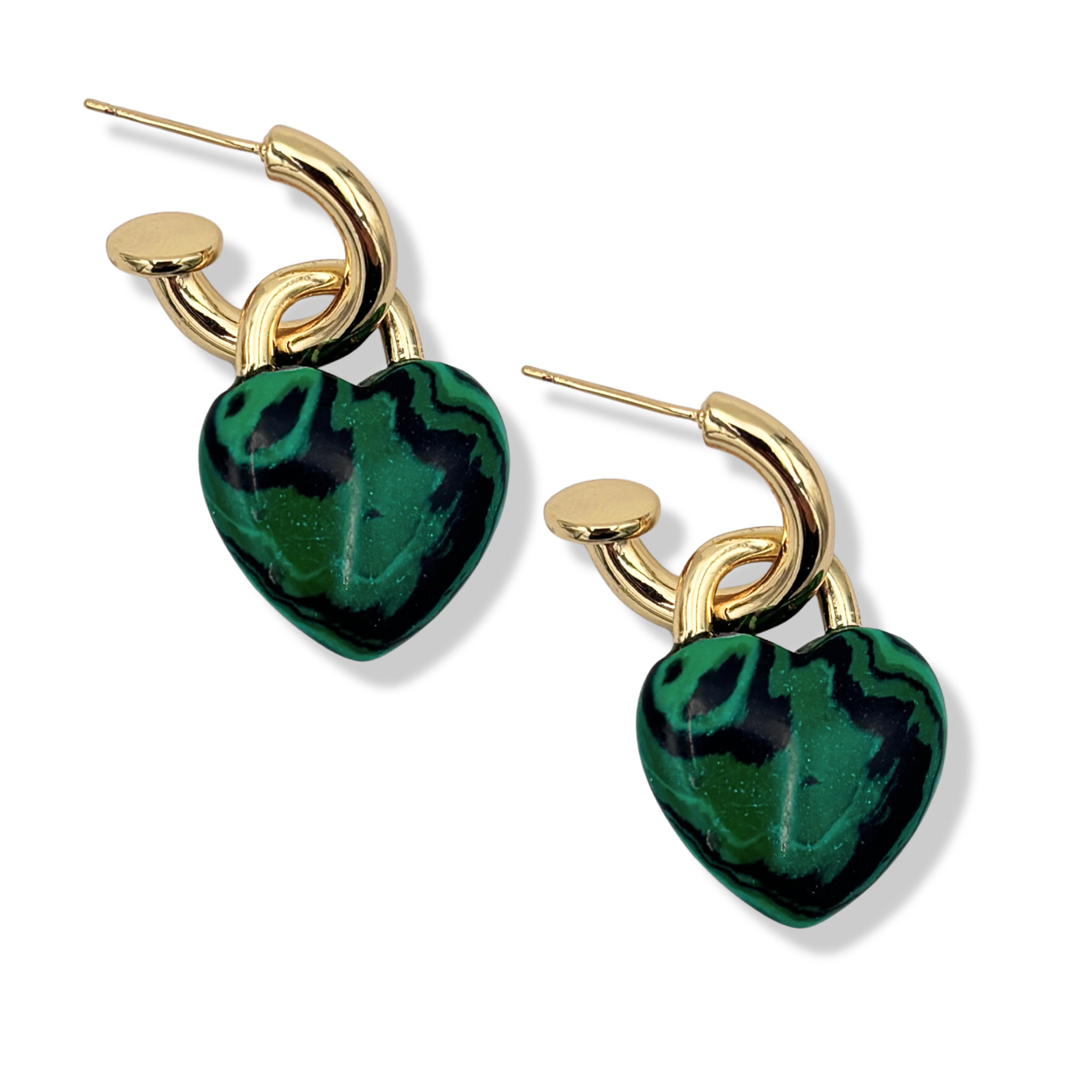 Heart-shaped semi-precious malachite stone drop earrings with gold padlock-style hoop by HOLST+LEE