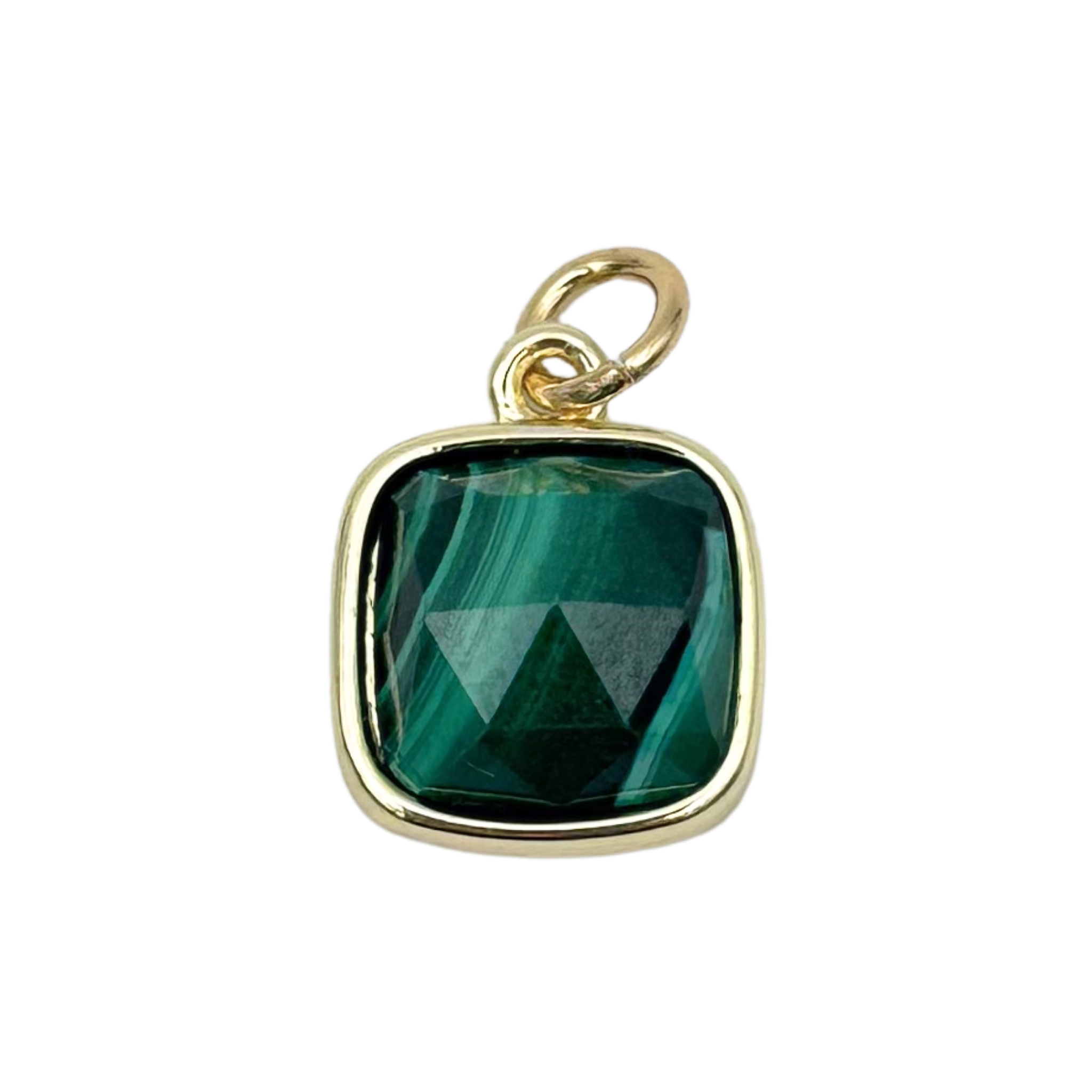 Gold cushion-bezel pendant with faceted malachite stone by HOLST+LEE