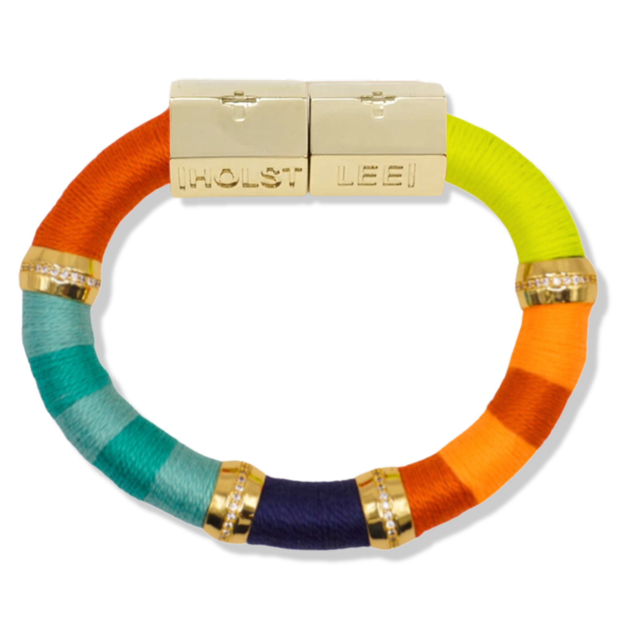 Orange, neon yellow, and blue thread wrapped bracelet with gold magnetic clasped bracelet and pavé crystal ferrule accents by HOLST+LEE 