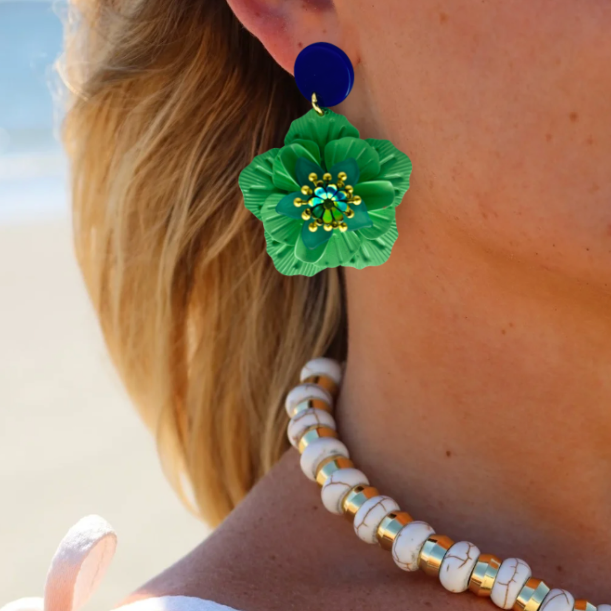 Metal Flower Post Earrings - Green