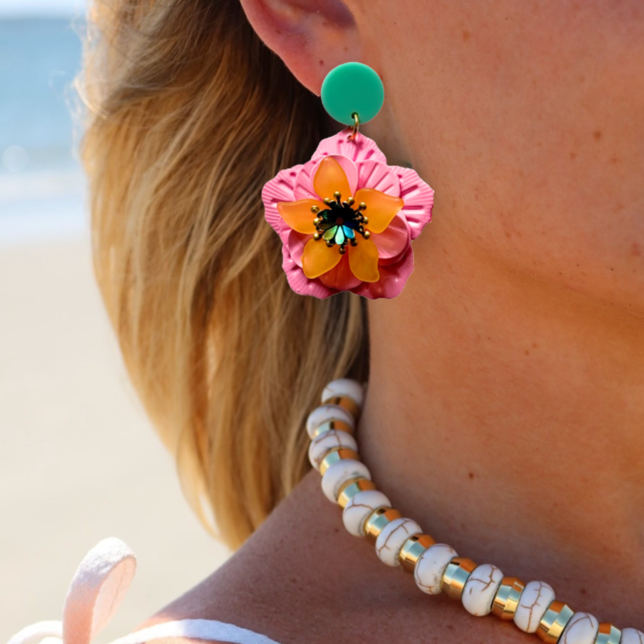 Pink Metal Flower Post Earrings - Pink 