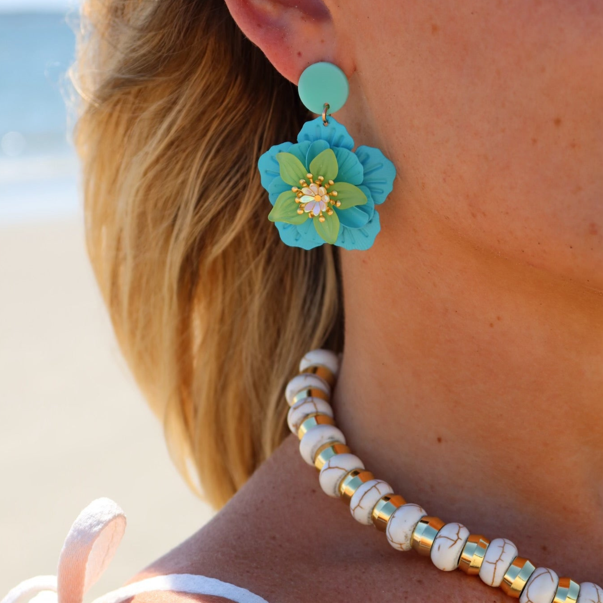 Metal Flower Post Earrings Turquoise 