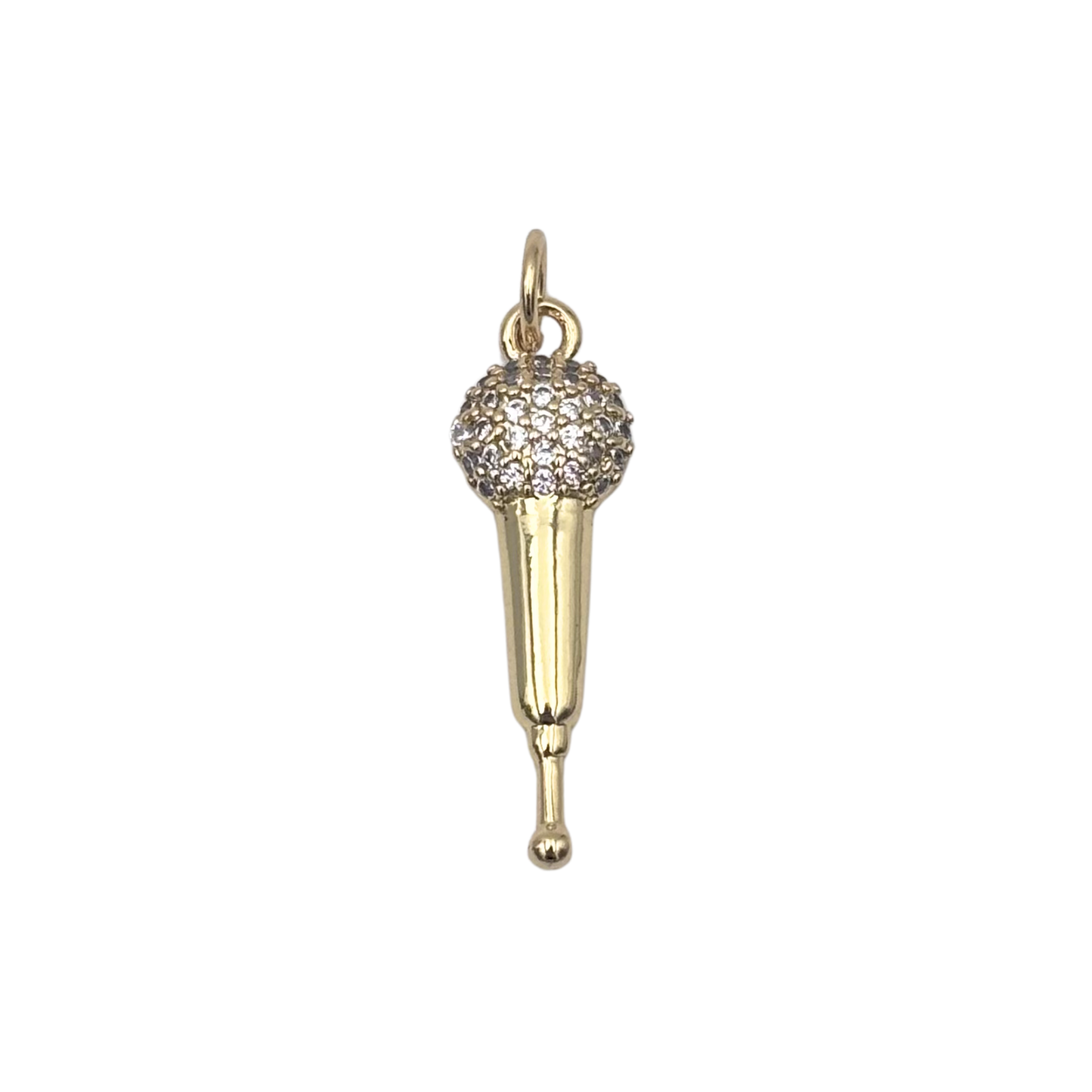 Gold vintage handheld microphone charm with pavé crystal ball head and tapered handle by HOLST+LEE