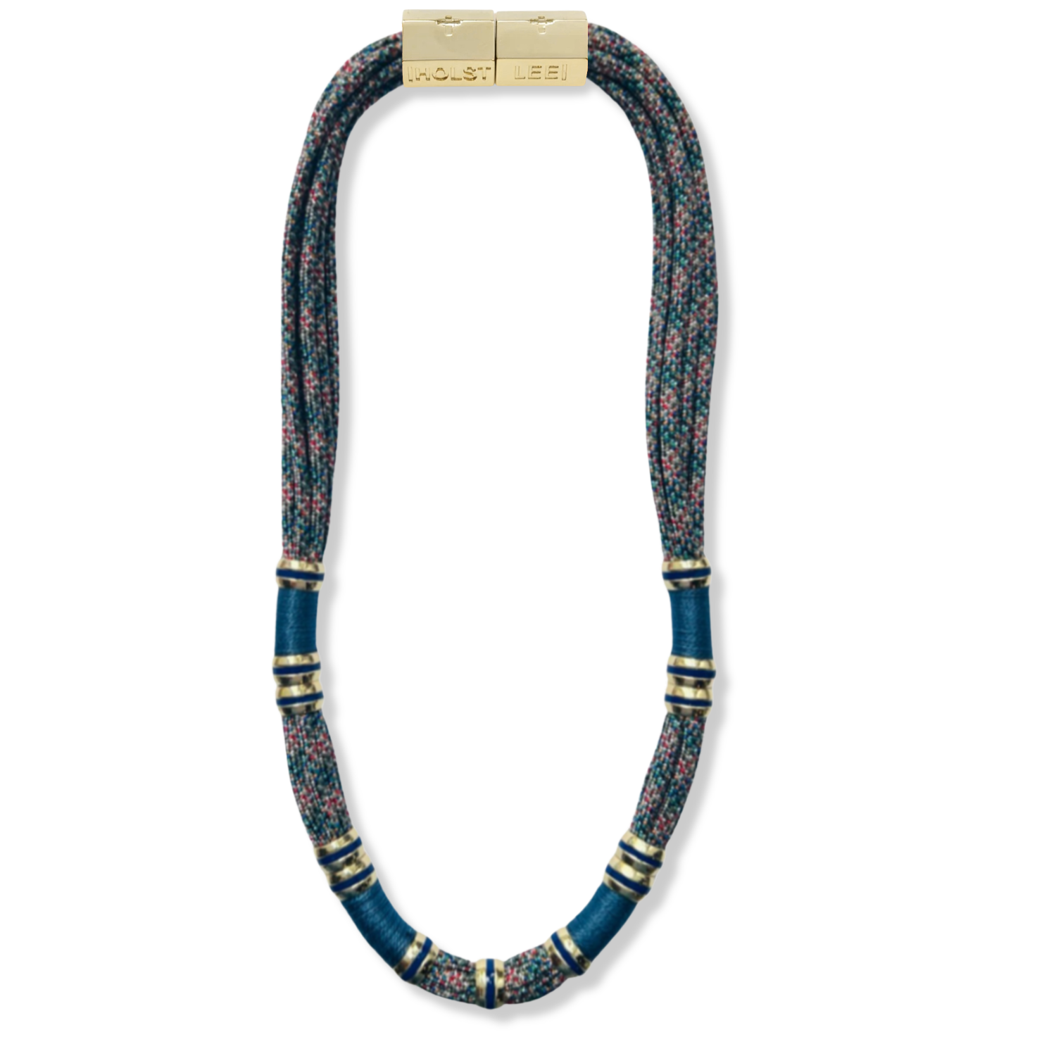 Blue, grey, purple paracord with blue thread wrapping and enamel ferrule accents and gold magnetic clasped necklace by HOLST+LEE