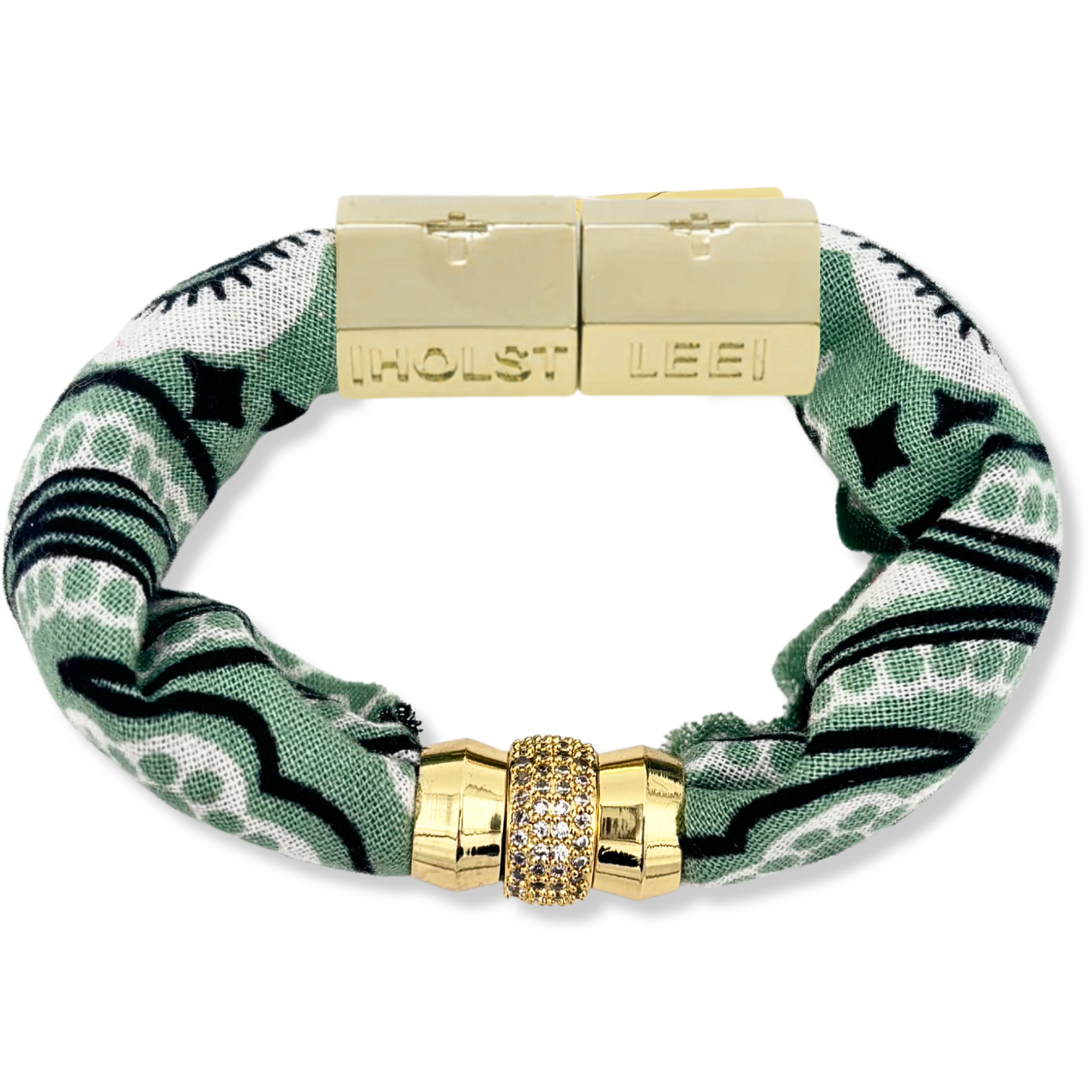 Teal blue bandana print fabric bracelet with 18K gold-filled magnetic clasped bracelet and pavé crystal ferrule by HOLST+LEE