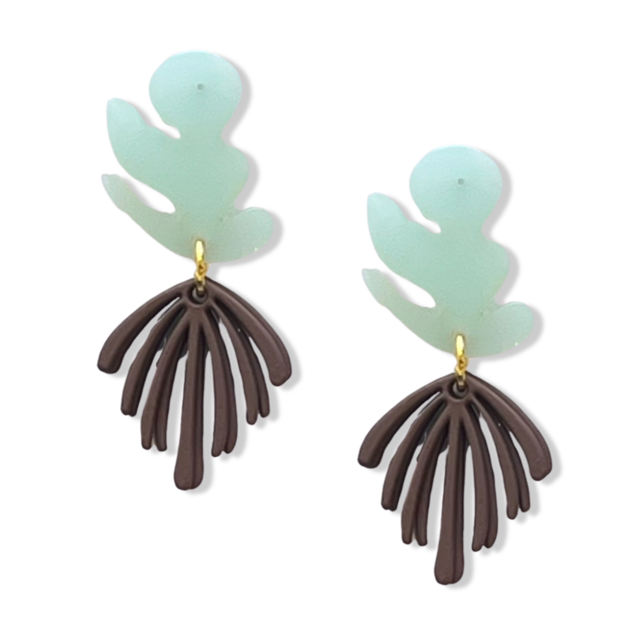 Mint and brown Mattisse earrings two-piece dangle style with a leaf top and bold  layered fan drop by HOLST+LEE
