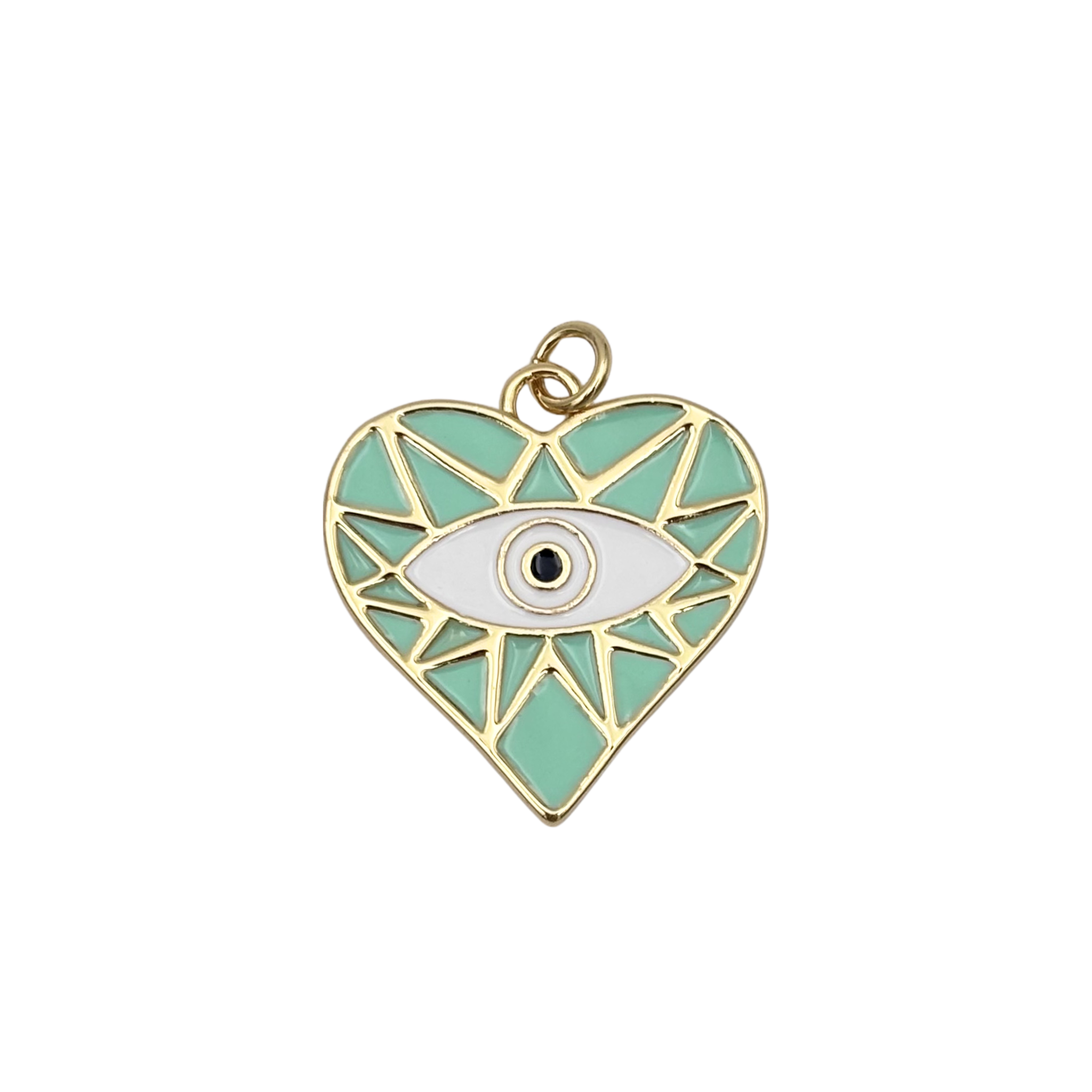 Gold-rimmed mint geometric enamel heart charm with central white evil eye motif by HOLST+LEE