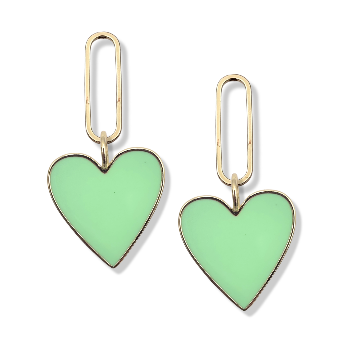 Mint enamel heart dangle earrings with gold paperclip oval link topper by HOLST+LEE