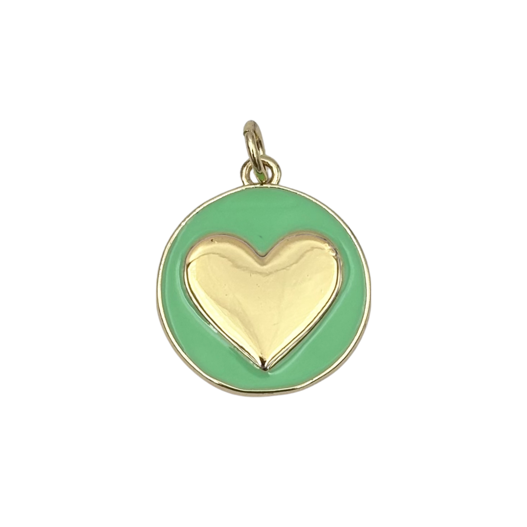 Gold round medallion charm with mint green enamel face, raised polished gold heart by HOLST+LEE