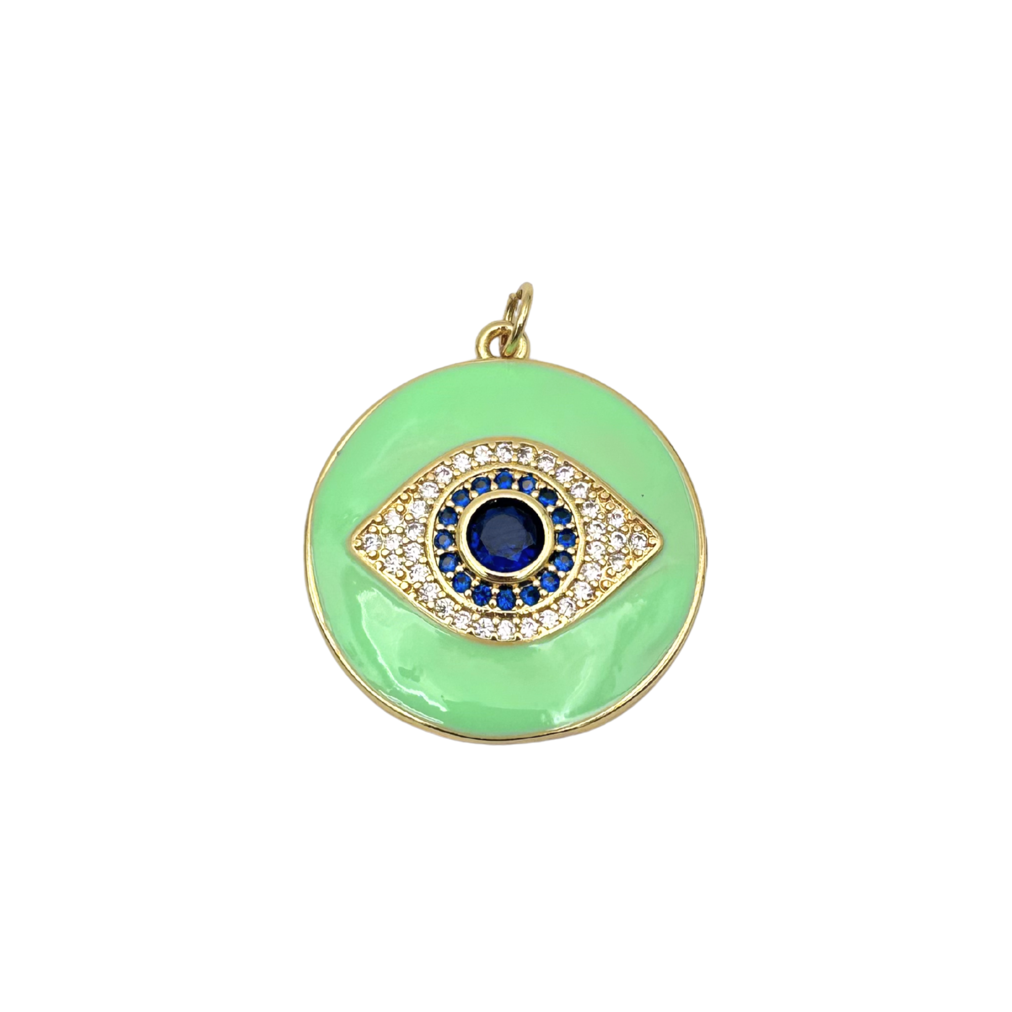 Mint green enamel evil eye charm with sapphire and pavé diamond concentric rings with gold charm clasp by HOLST+LEE