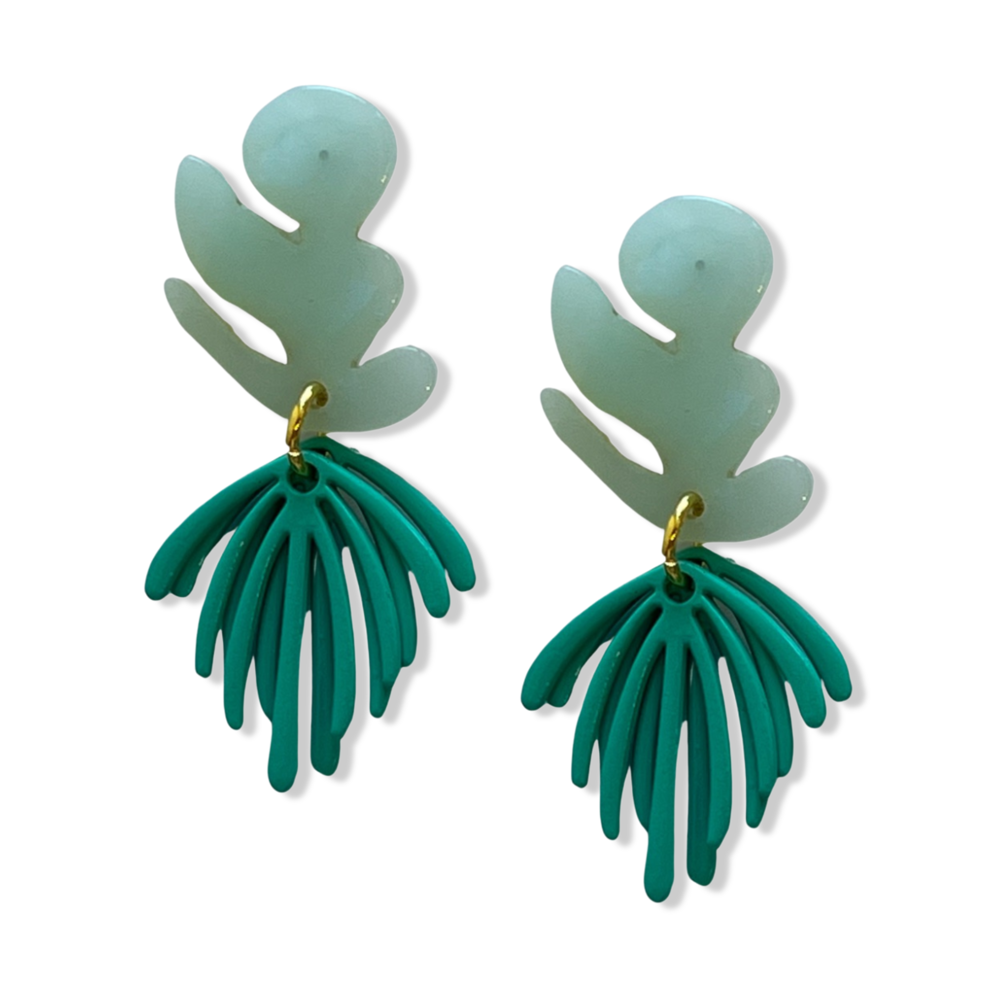 Mint and turquoise Mattisse earrings two-piece dangle style with a leaf top and bold  layered fan drop by HOLST+LEE