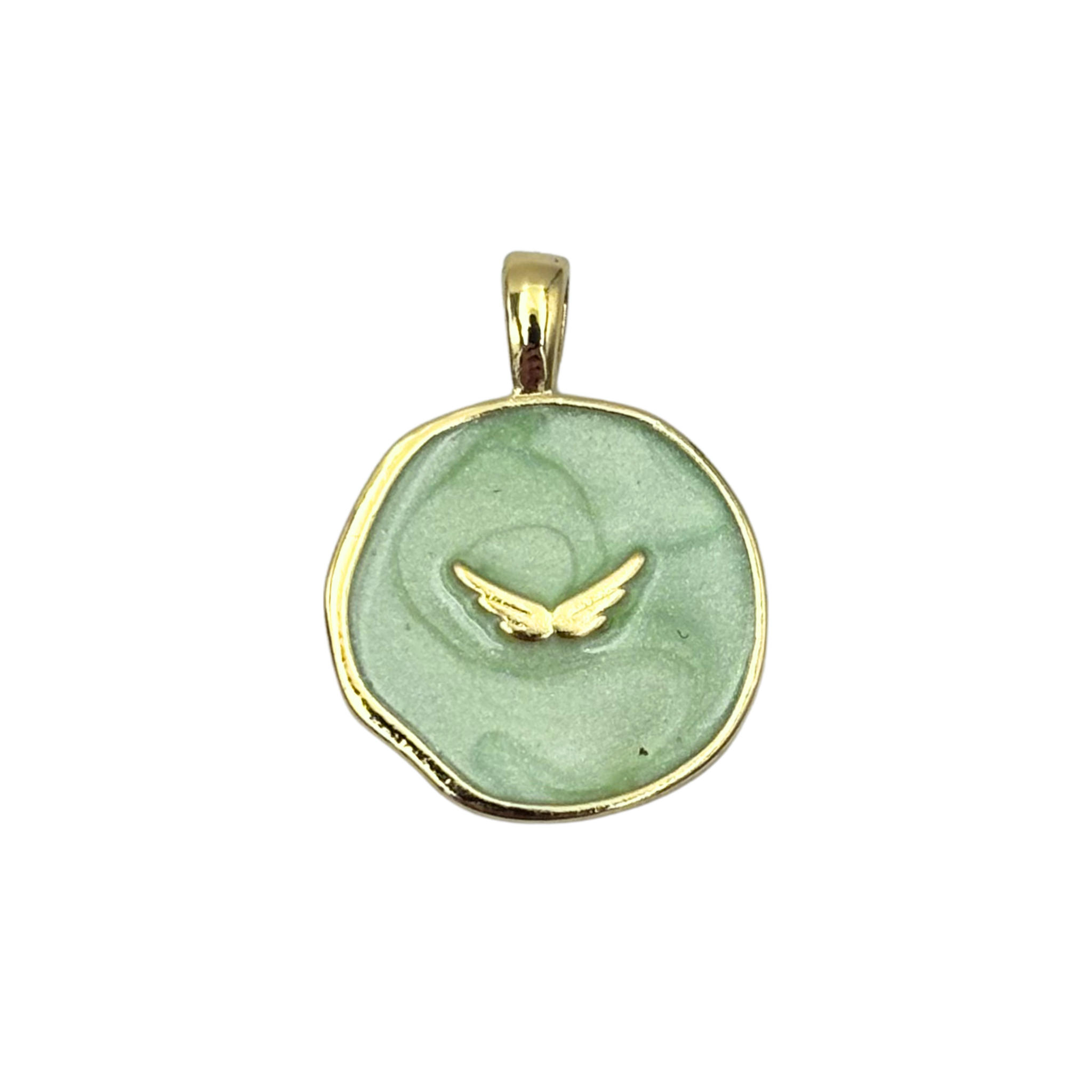 Gold round medallion pendant with swirled mint green enamel face, raised gold wing by HOLST+LEE