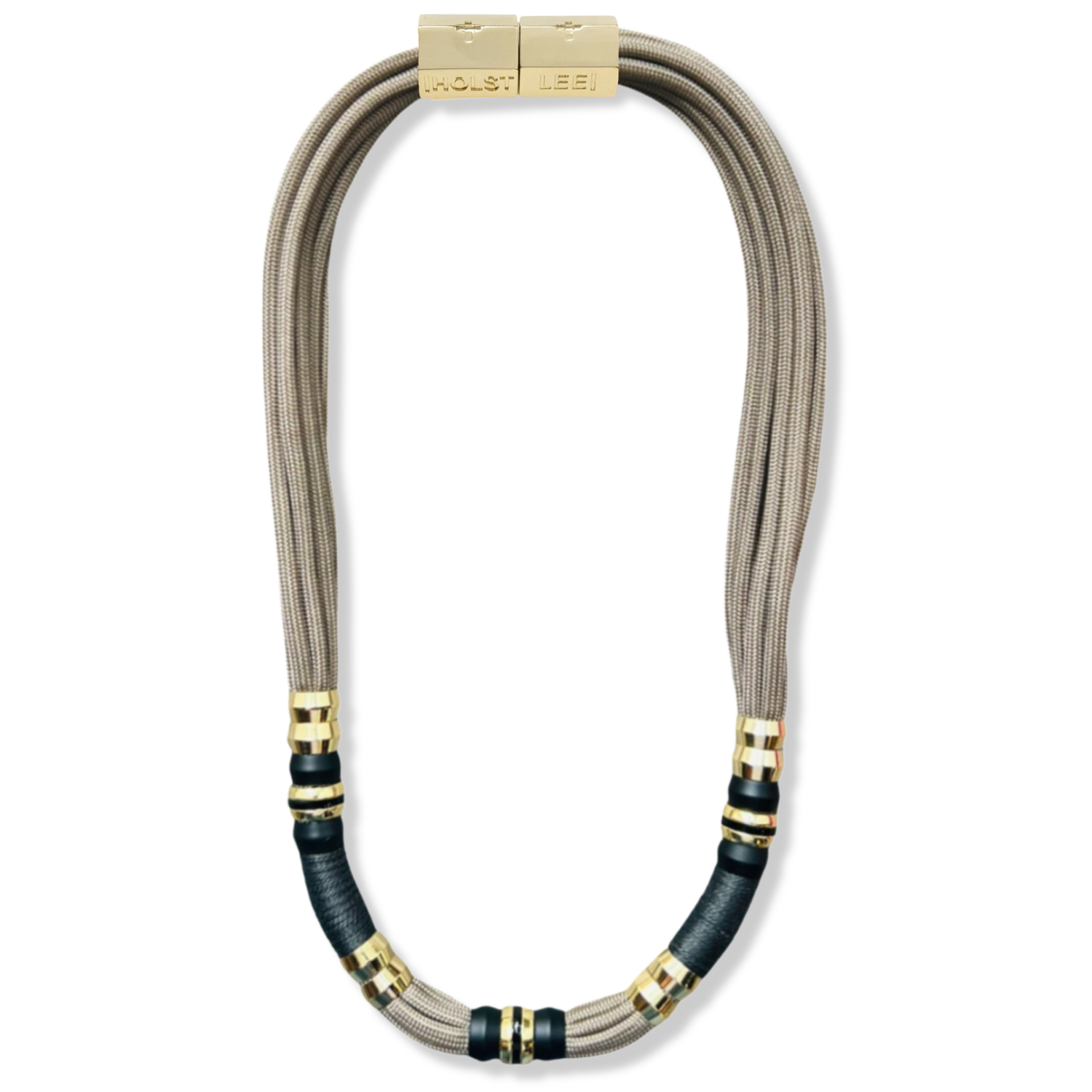 Taupe paracord black thread wrapped  necklace with gold and black ferrule accents and gold magnetic clasped necklace by HOLST+LEE