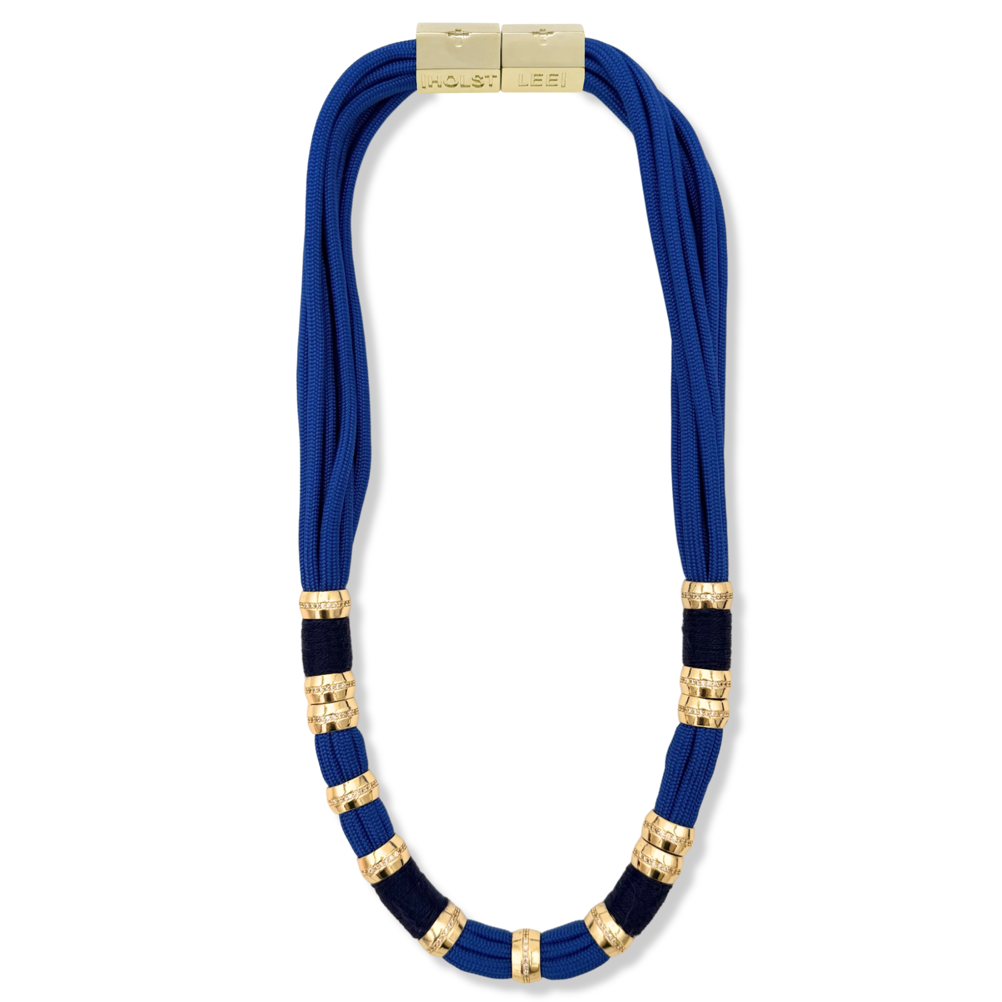 Blue braided rope necklace with navy blue thread wrapped sections and pavé crystal ferrule accents by HOLST+LEE