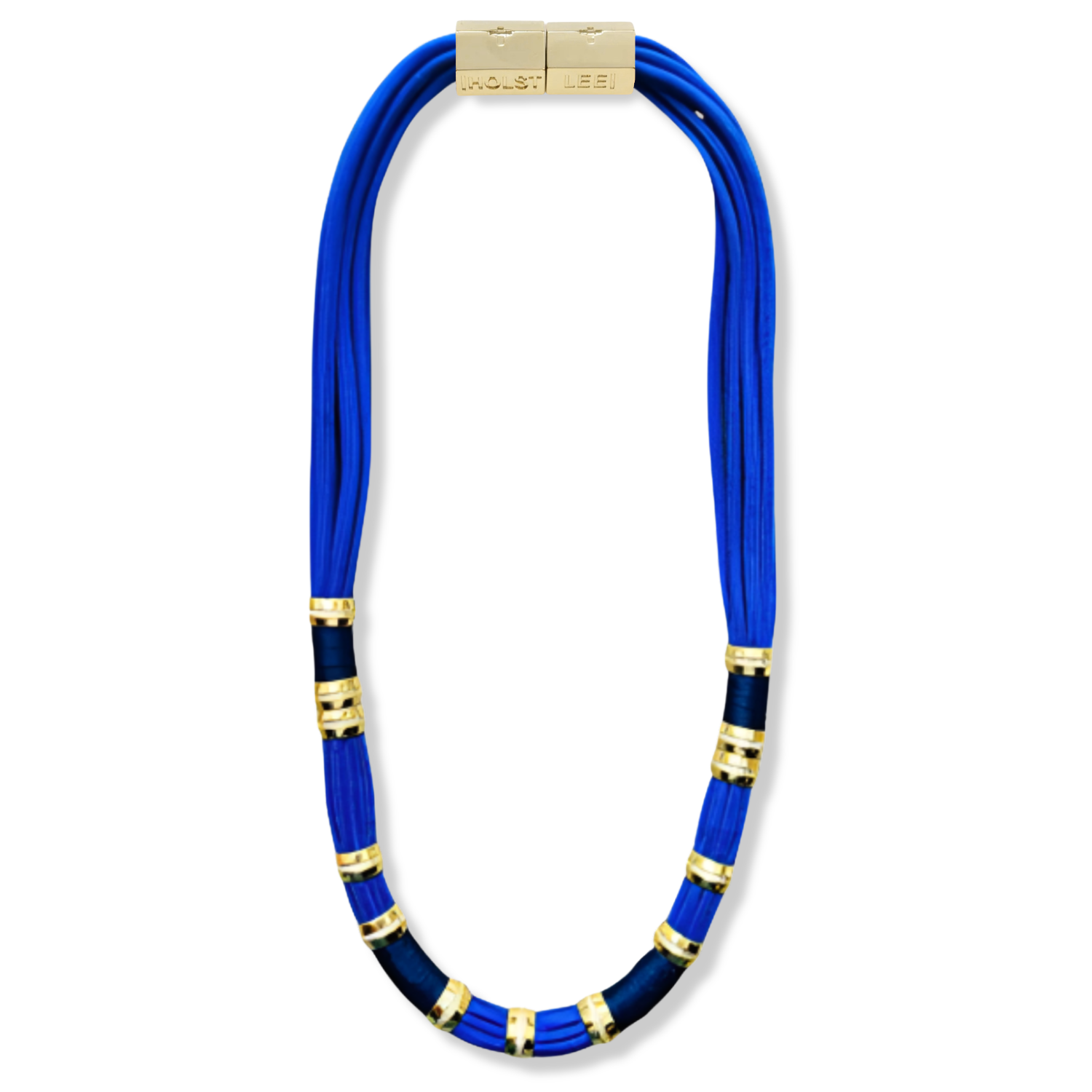Blue paracord navy thread wrapped  necklace with gold and black ferrule accents and gold magnetic clasped necklace by HOLST+LEE