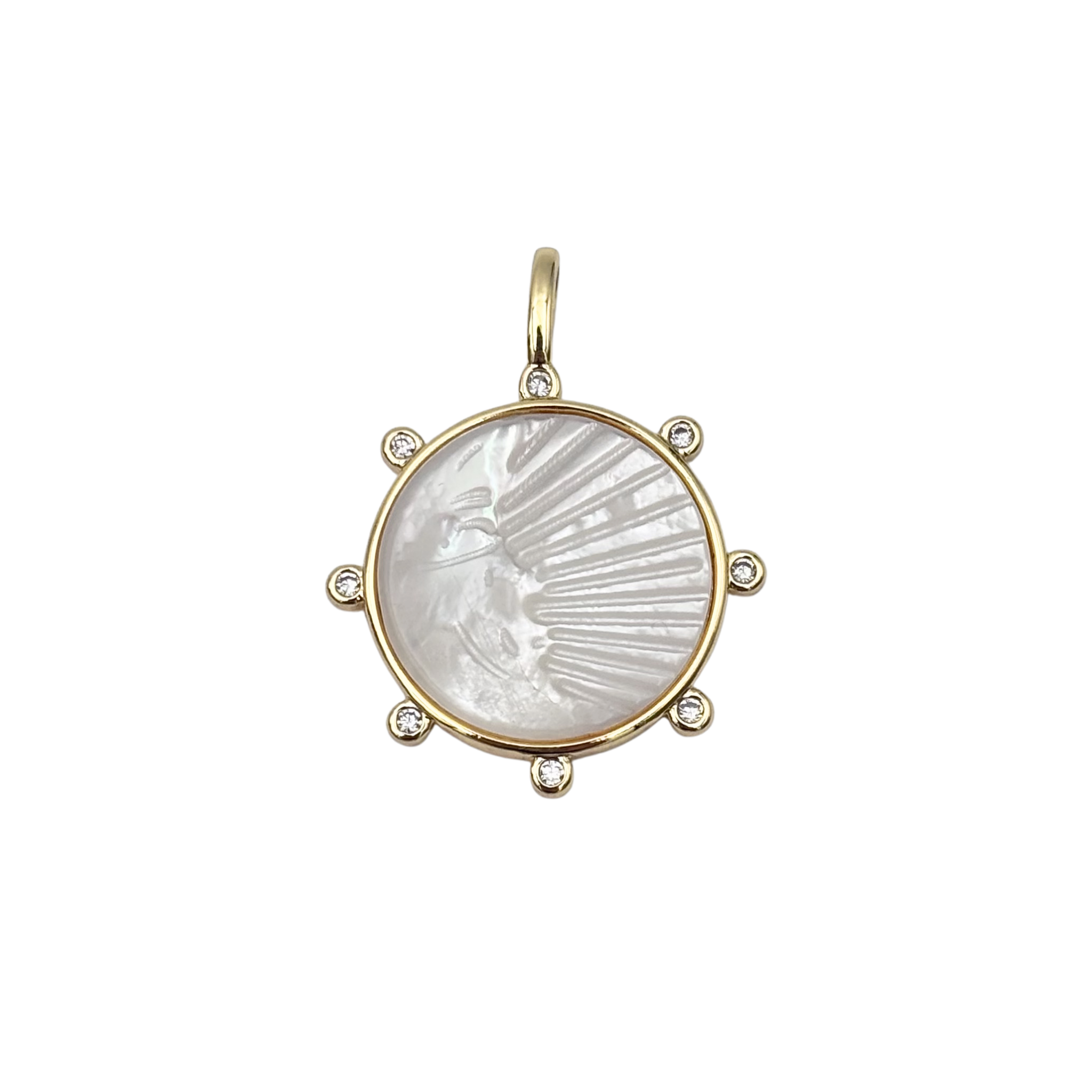 Circular mother-of-pearl moon face pendant in a gold bezel setting with six diamond accents  by HOLST+LEE