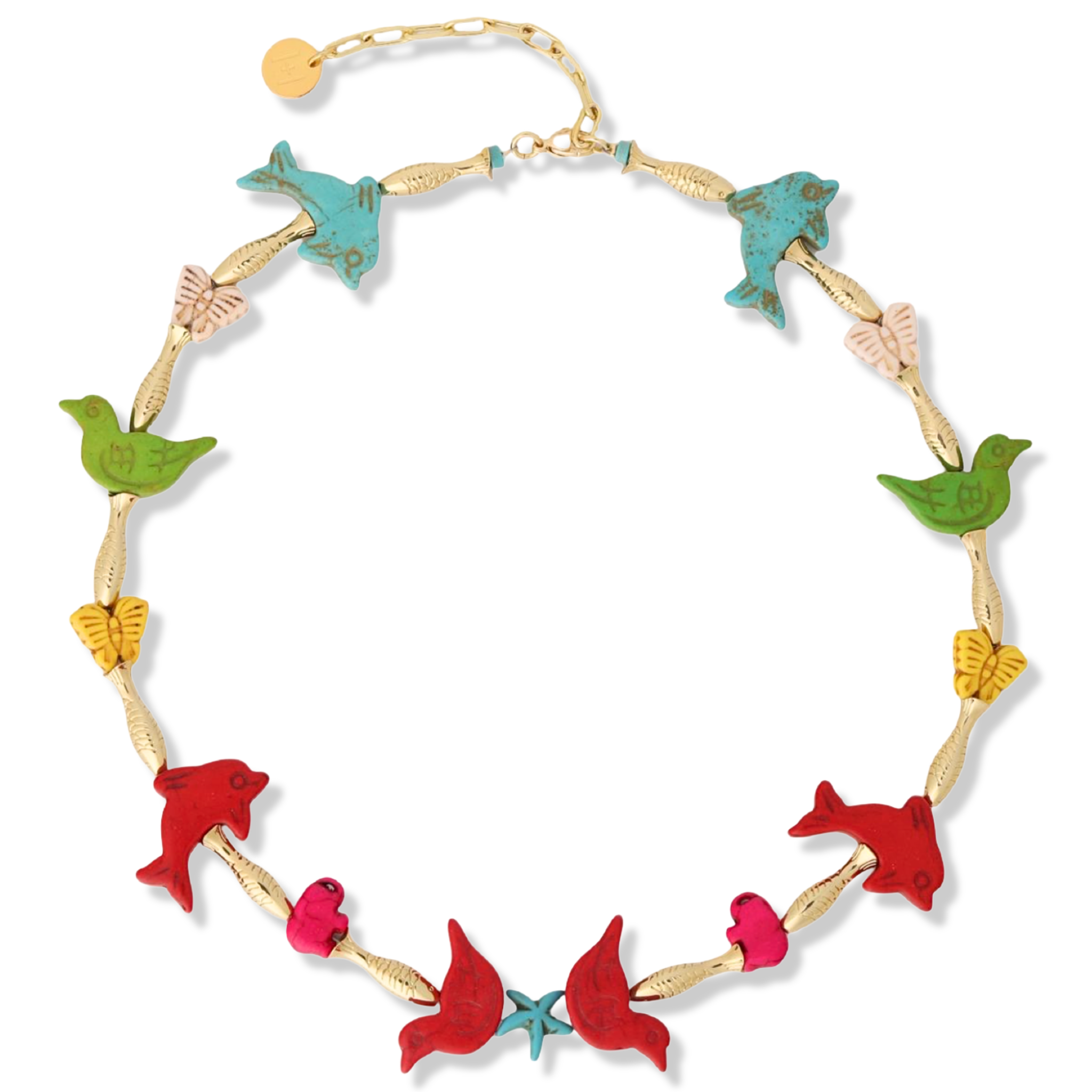 multi colored carved beaded necklace with gold fish beads and nature-themed animal beads by HOLST+LEE