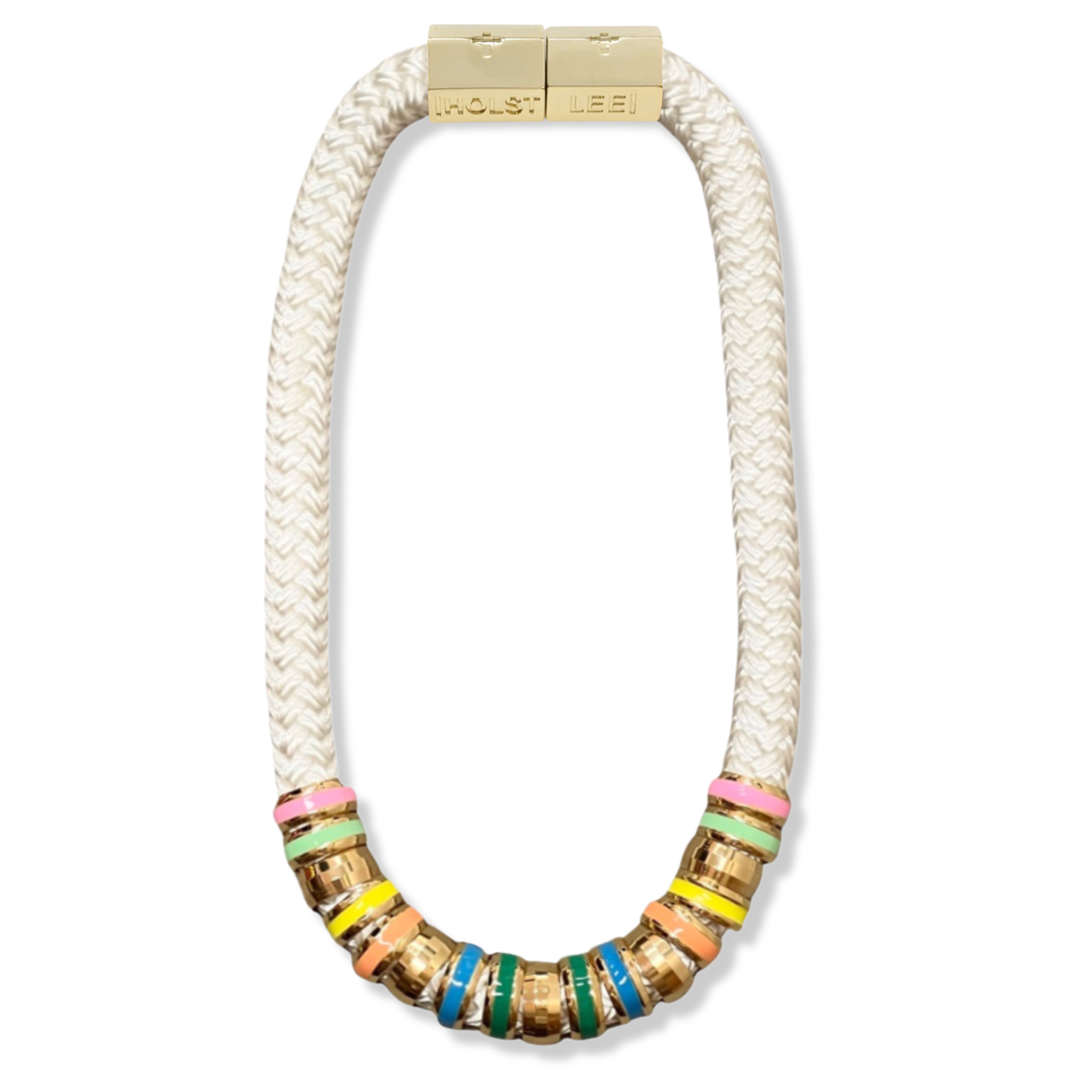 White braided rope necklace with multicolor enamel and gold ferrule stack and gold magnetic clasped necklace by HOLST+LEE