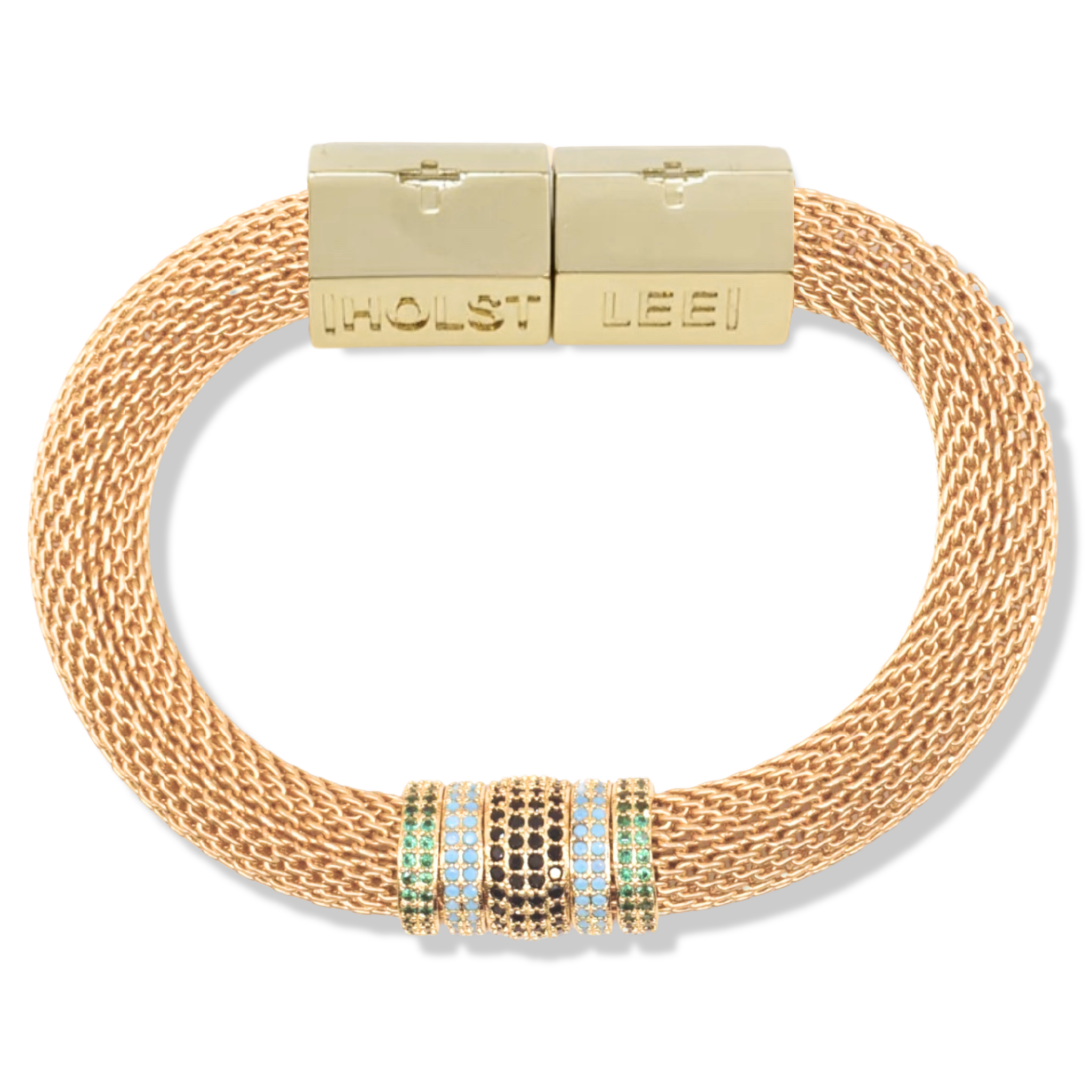 Gold woven mesh bracelet with pavé crystal ferrule stack and gold magnetic clasped bracelet by HOLST+LEE