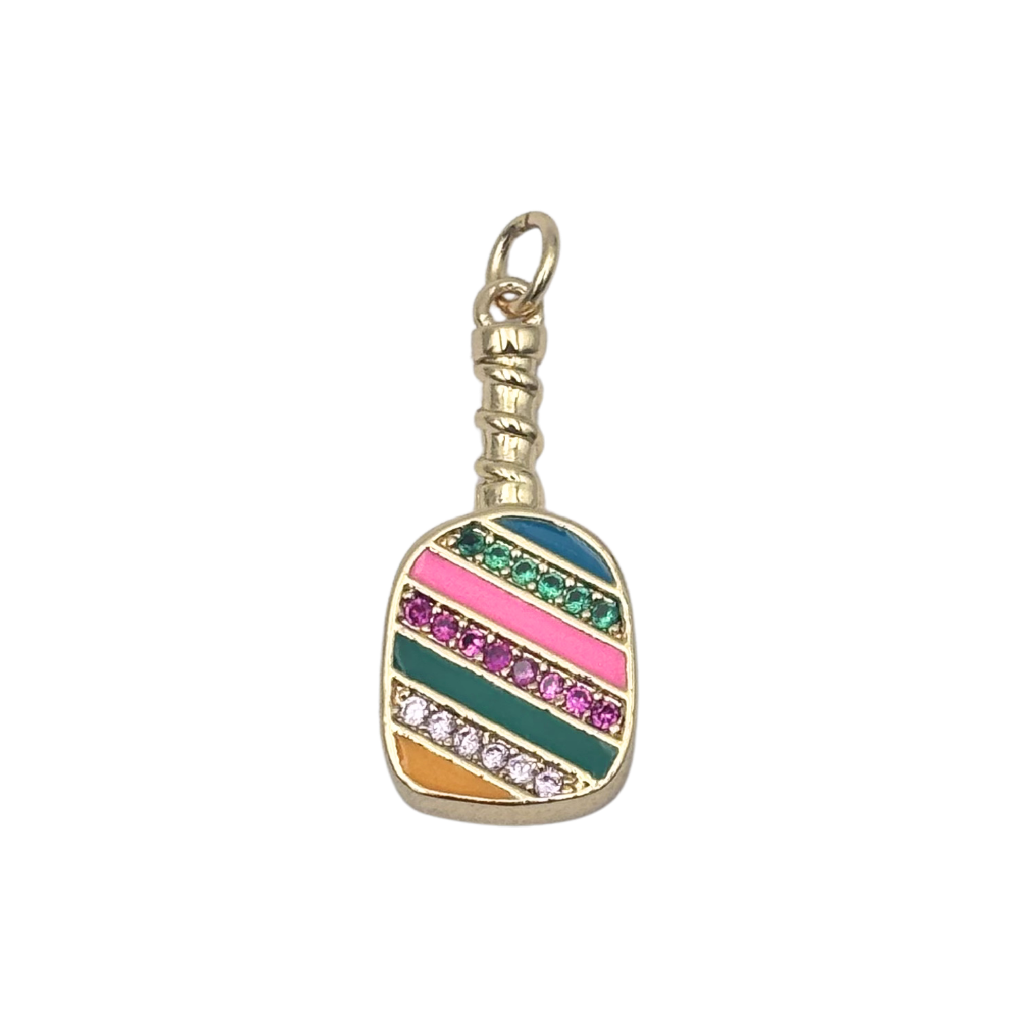 Gold pickleball paddle charm with diagonal pink, teal, and orange enamel stripes and pavé crystal accents by HOLST_LEE