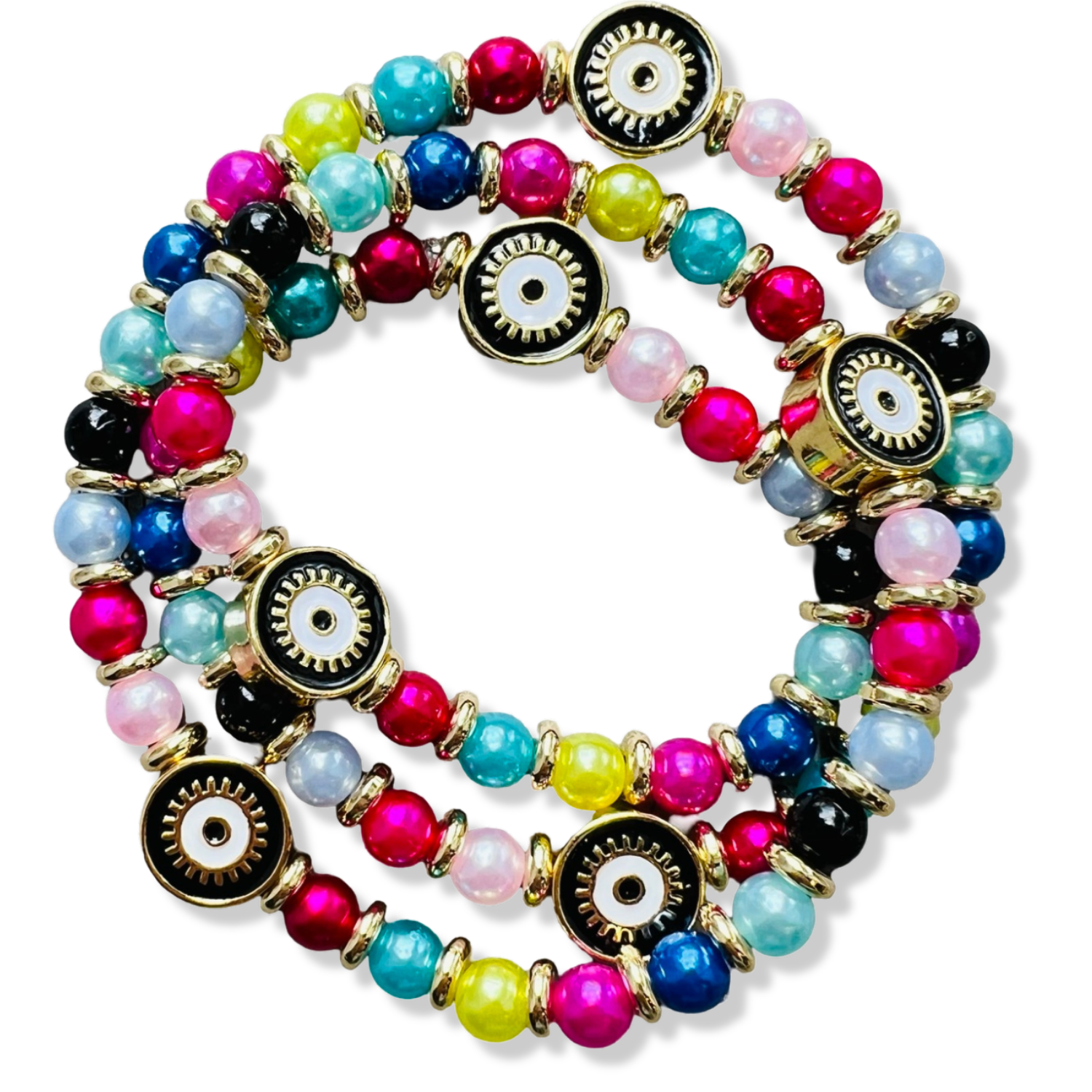 Wrap multicolored pearl and gold rondelle stretch bracelet with black enamel evil eye charms by HOLST+LEE