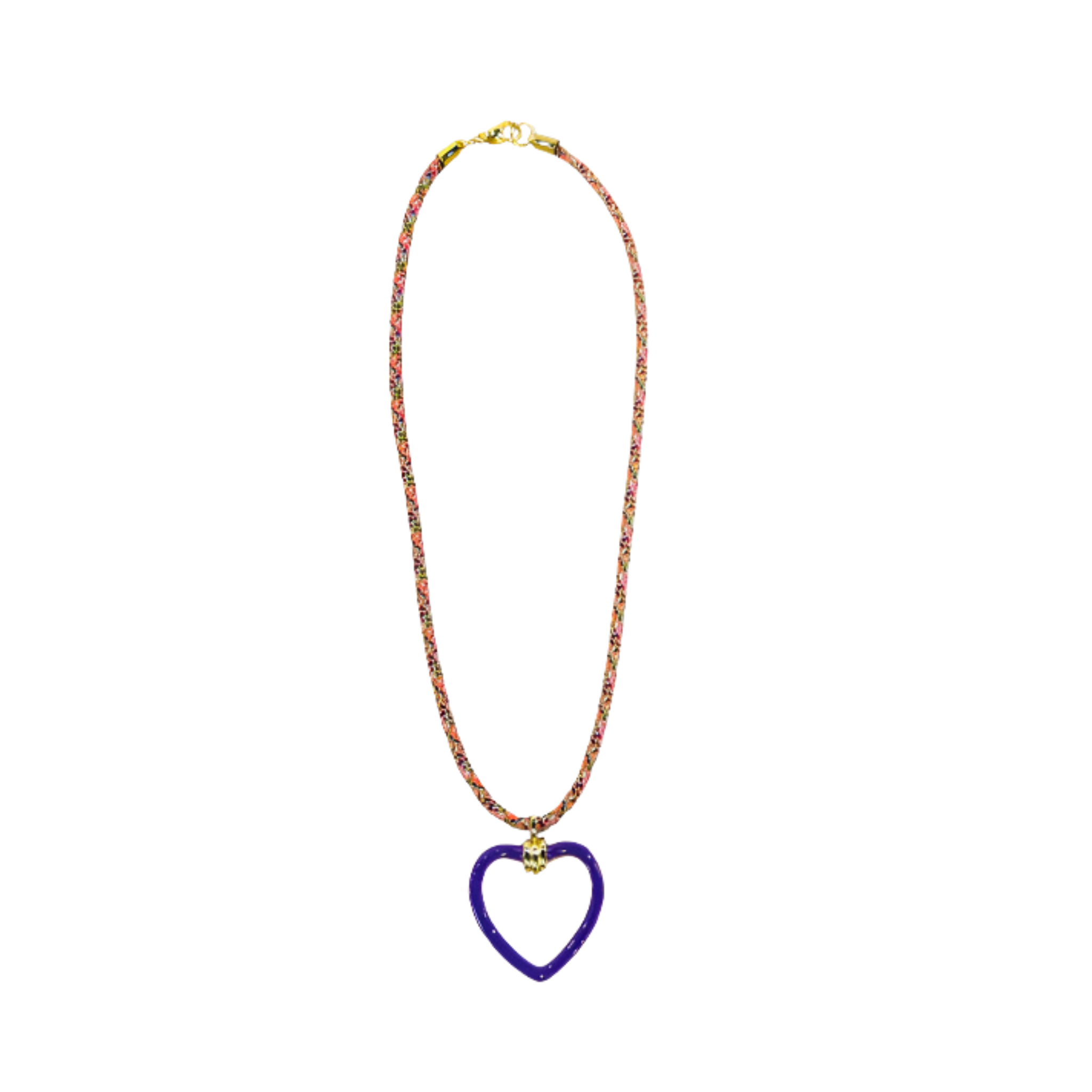 Multi-colored paracord necklace with a purple gold-filled and enamel heart-shaped charm by HOLST+LEE