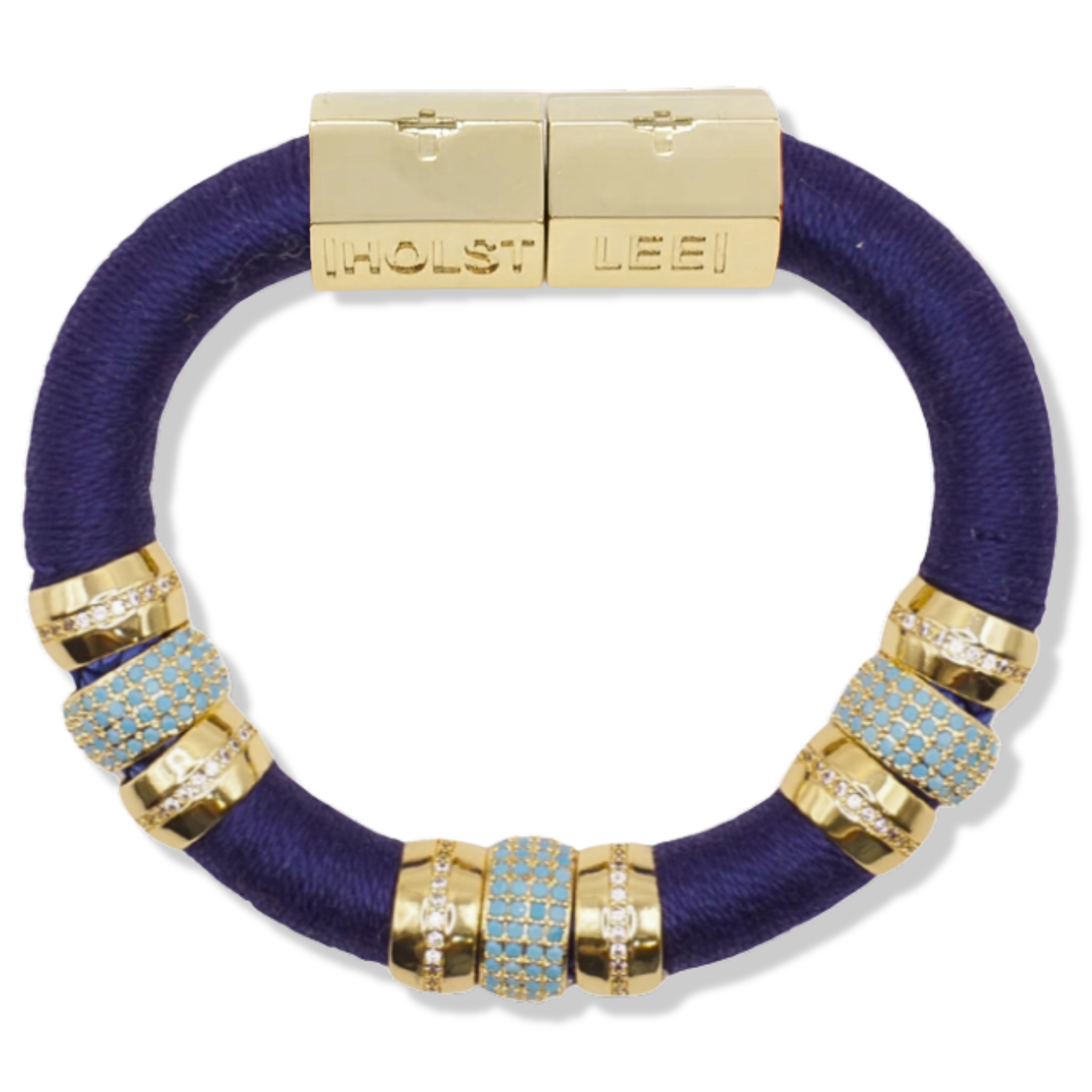 Navy thread wrapped colorblock bracelet with pavé crystal ferrule stack and gold magnetic clasped bracelet by HOLST+LEE