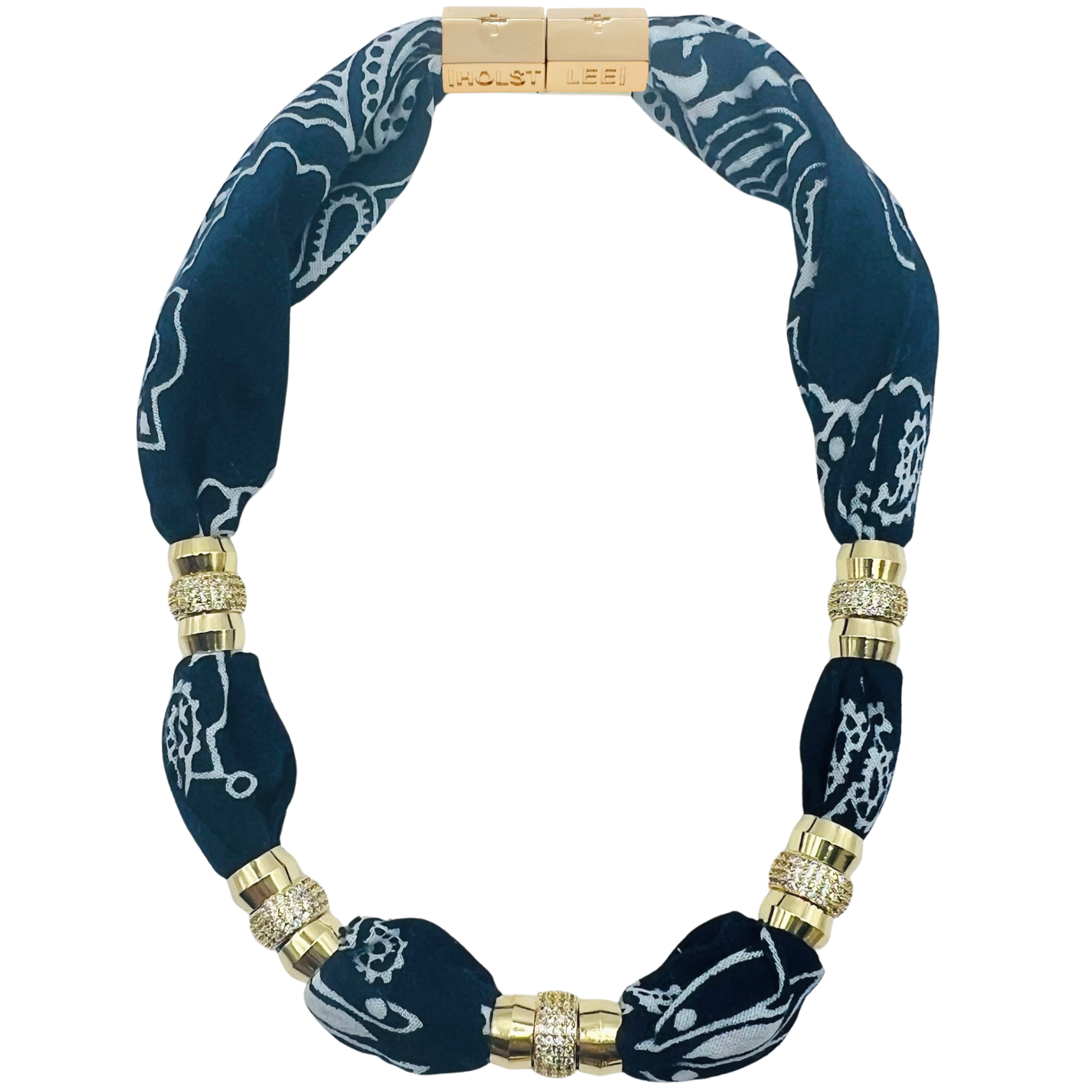 Navy blue bandana print fabric necklace with 18K gold-filled magnetic clasped necklace and pavé crystal ferrule by HOLST+LEE