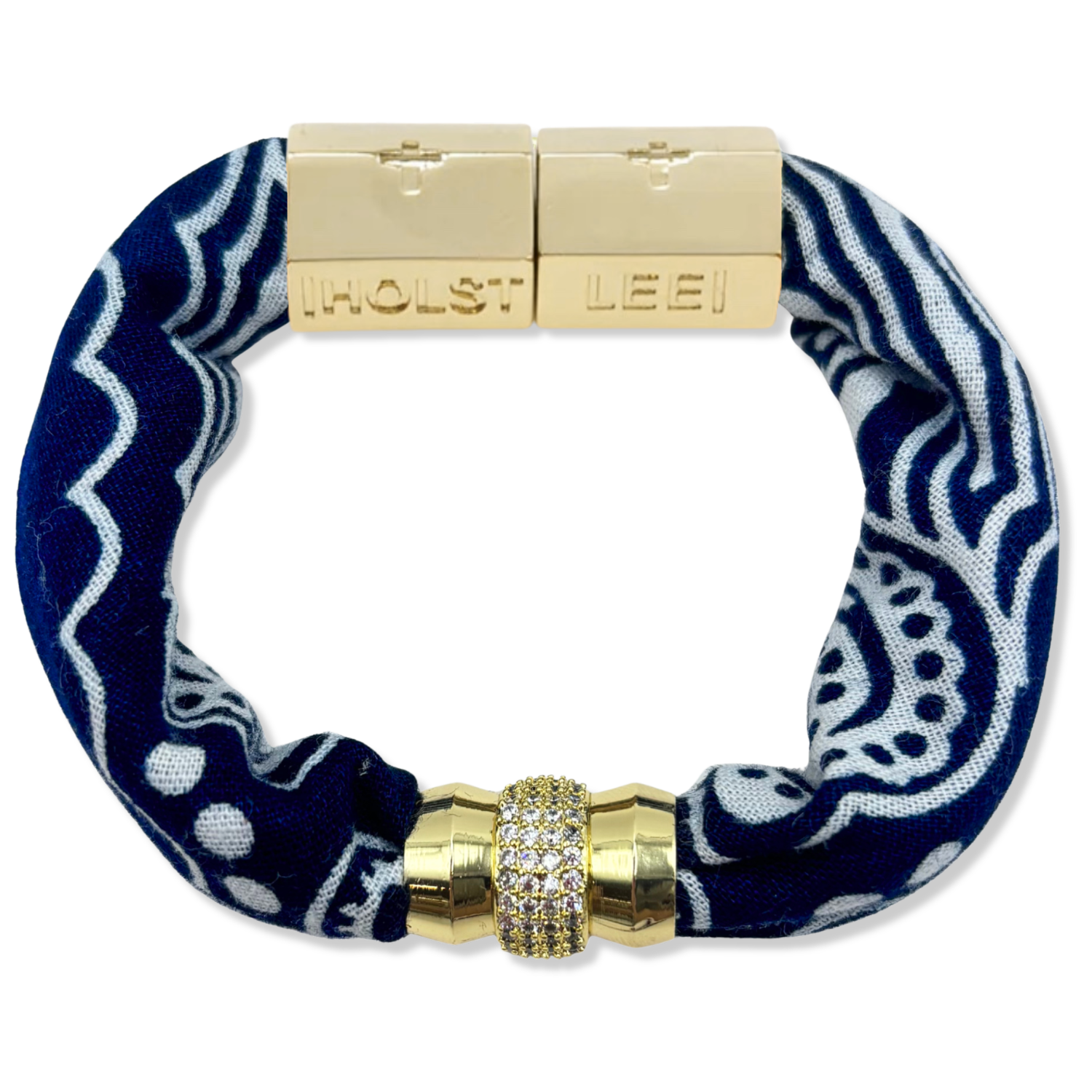Navy blue bandana print fabric bracelet with 18K gold-filled magnetic clasped bracelet and pavé crystal ferrule by HOLST+LEE