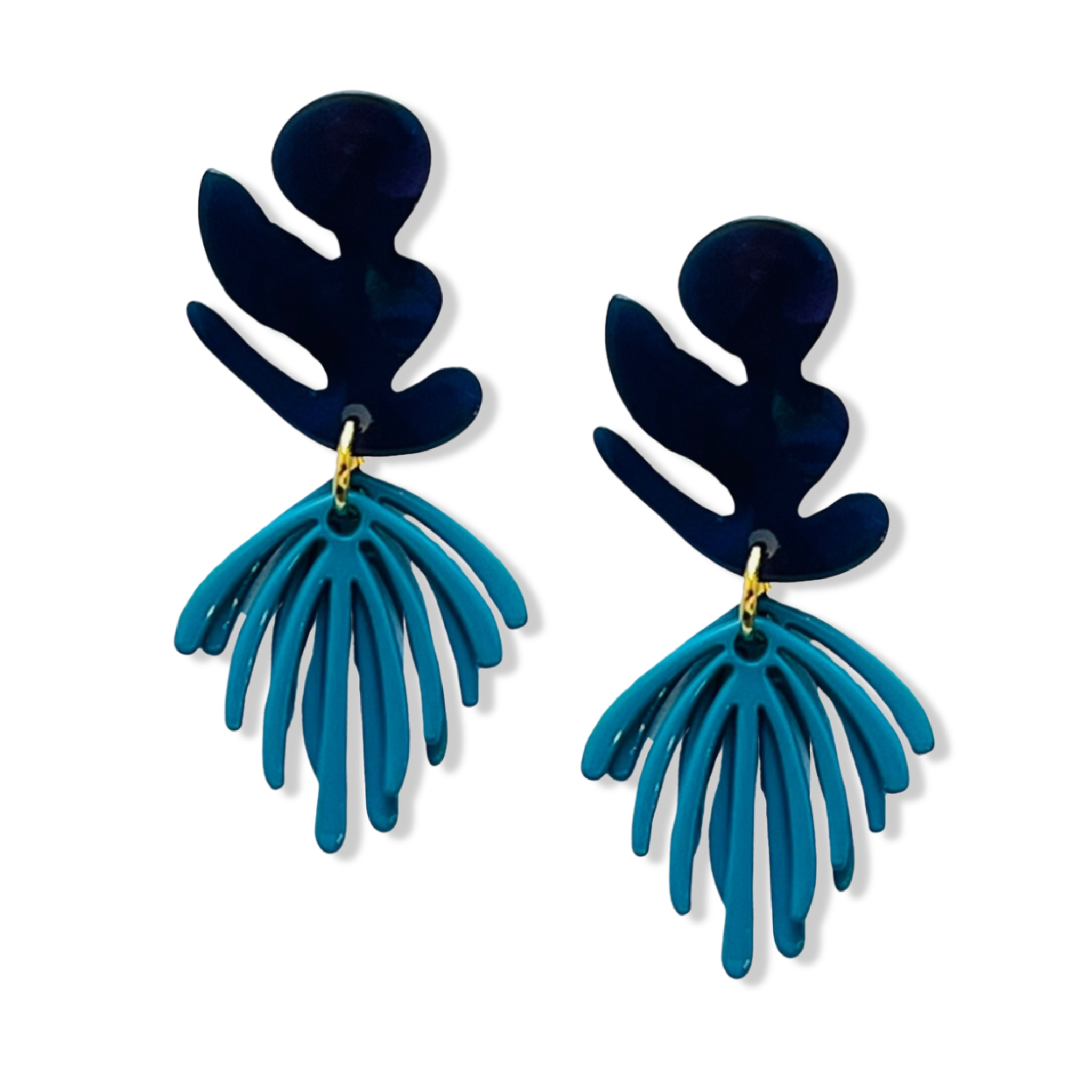 Navy and blue Mattisse earrings two-piece dangle style with a leaf top and bold  layered fan drop by HOLST+LEE