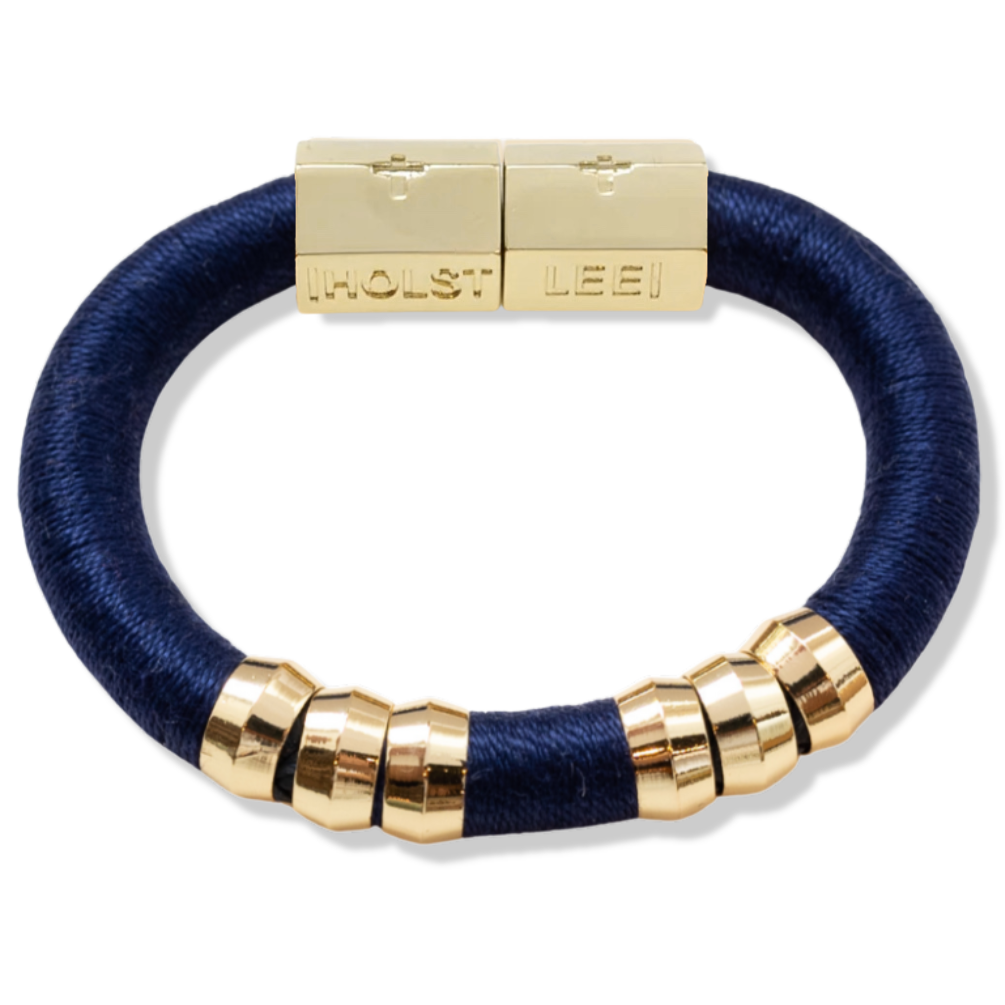 Navy blue thread wrapped bracelet with 18K gold-filled magnetic clasped bracelet and gold ferrule accents by HOLST+LEE