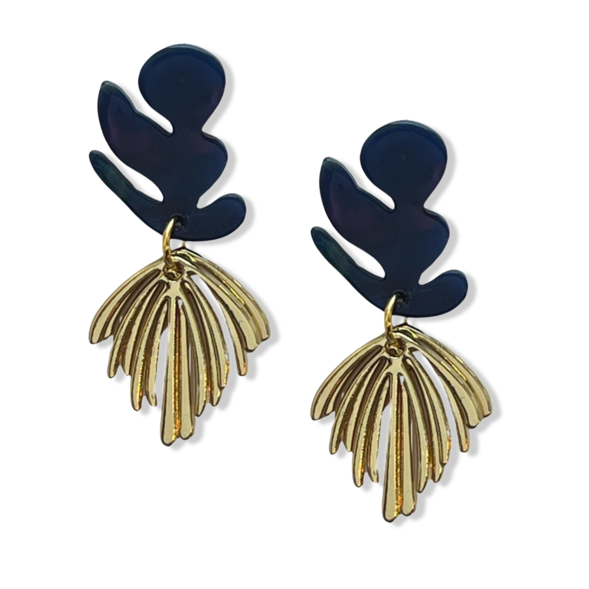 Navy and blue Mattisse earrings two-piece dangle style with a leaf top and bold  layered fan drop by HOLST+LEE