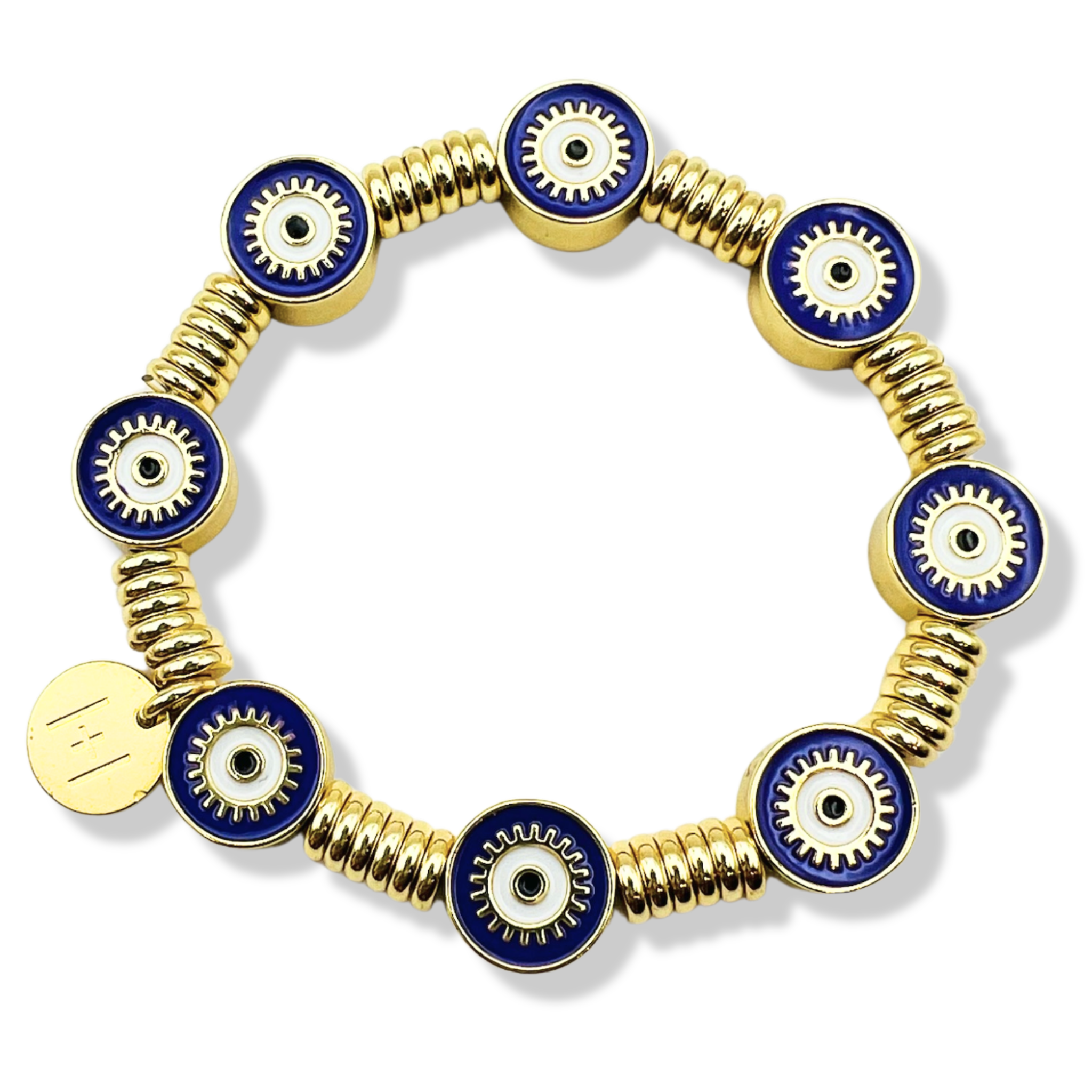 White and gold evil eye bracelet with navy enamel eye beads, gold rondelle spacers by HOLST LEE