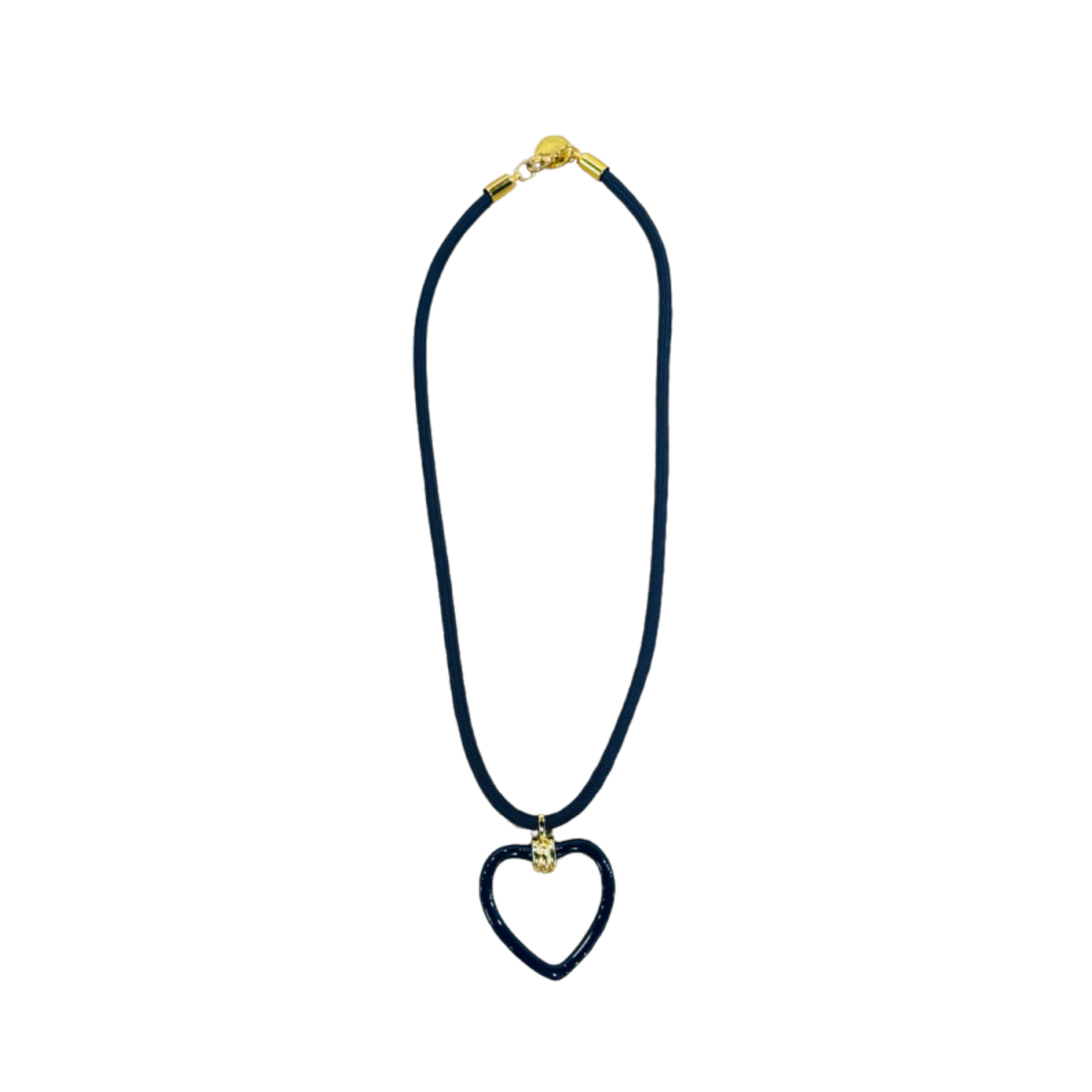 A navy-colored paracord necklace with a navy gold-filled and enamel heart-shaped charm by HOLST+LEE