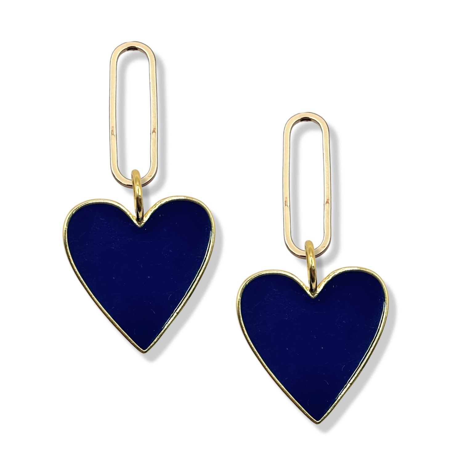 Navy enamel heart dangle earrings with gold paperclip oval link topper by HOLST+LEE